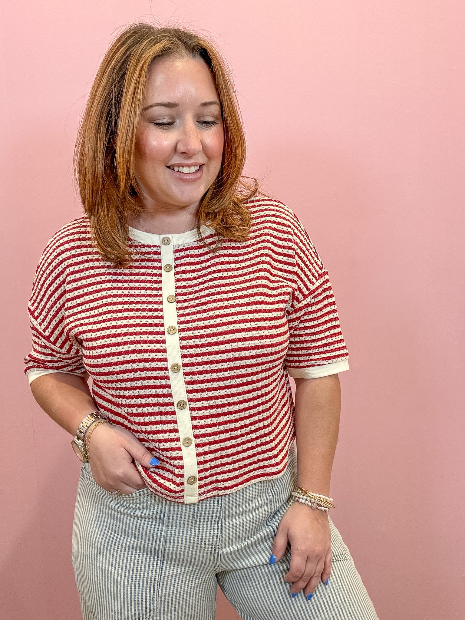 Dylan Stripe Button Down Knit Top