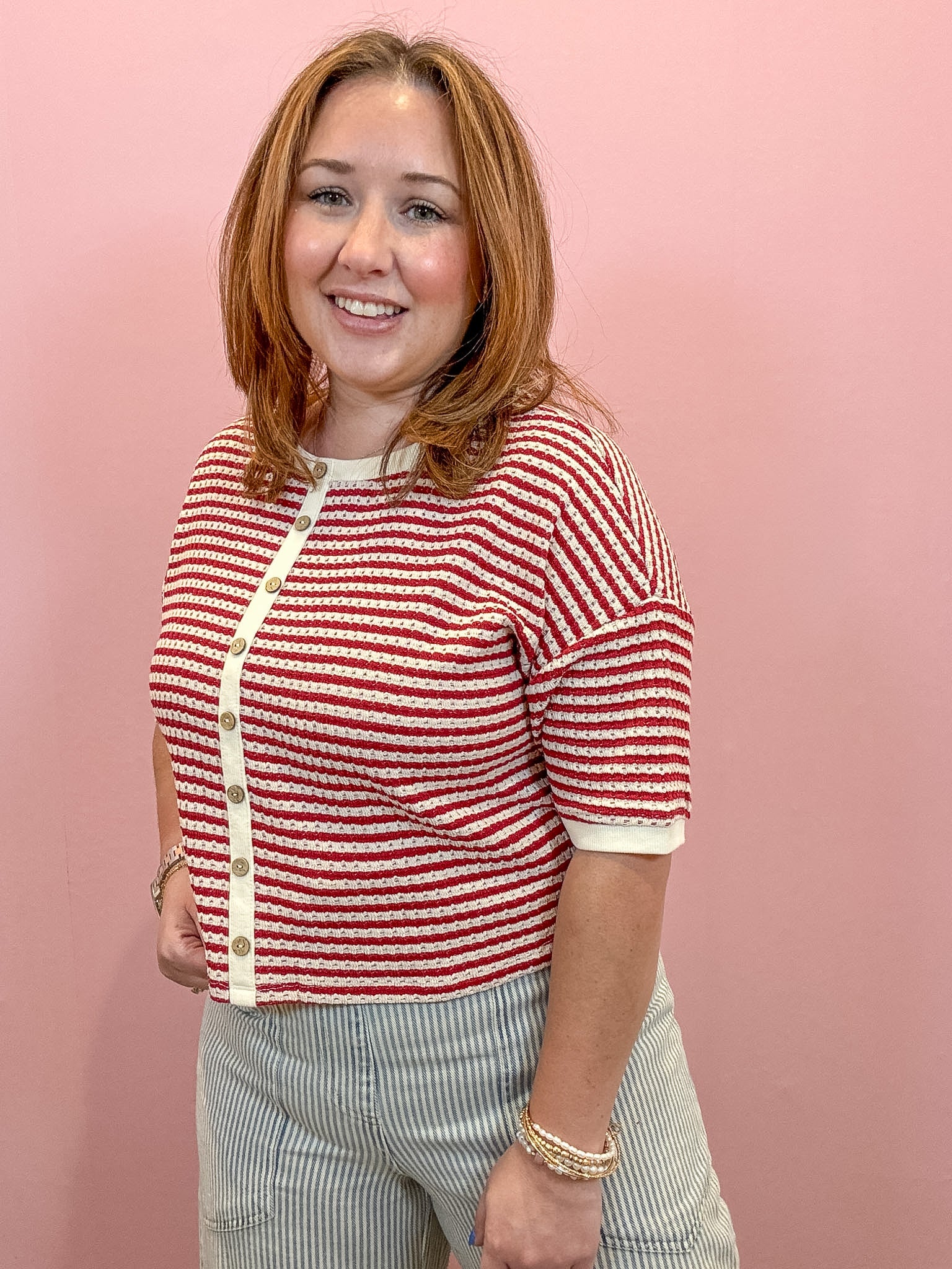 Dylan Stripe Button Down Knit Top
