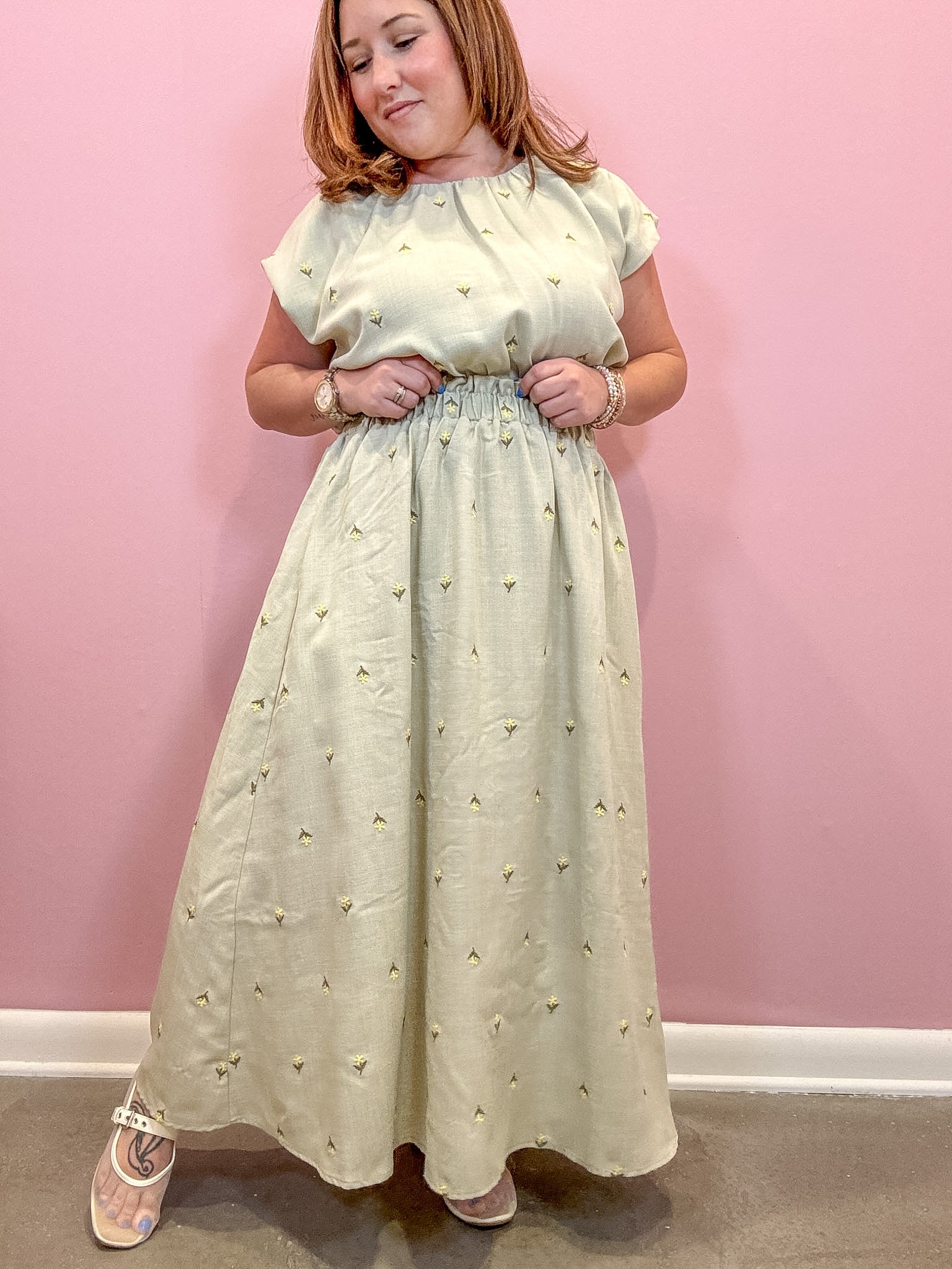 Ash Embroidered Ruffle Waist Midi Skirt