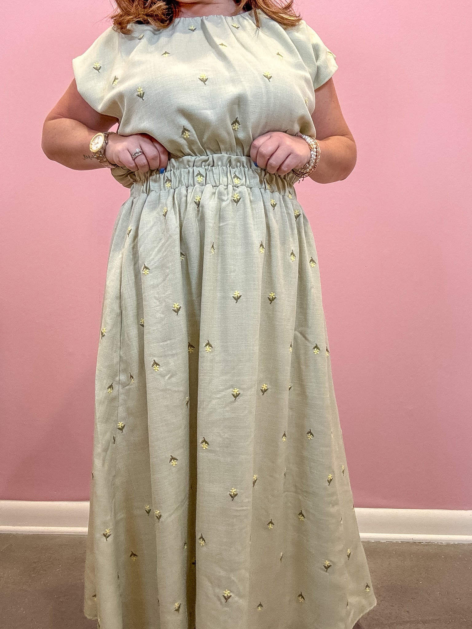 Ash Embroidered Ruffle Waist Midi Skirt