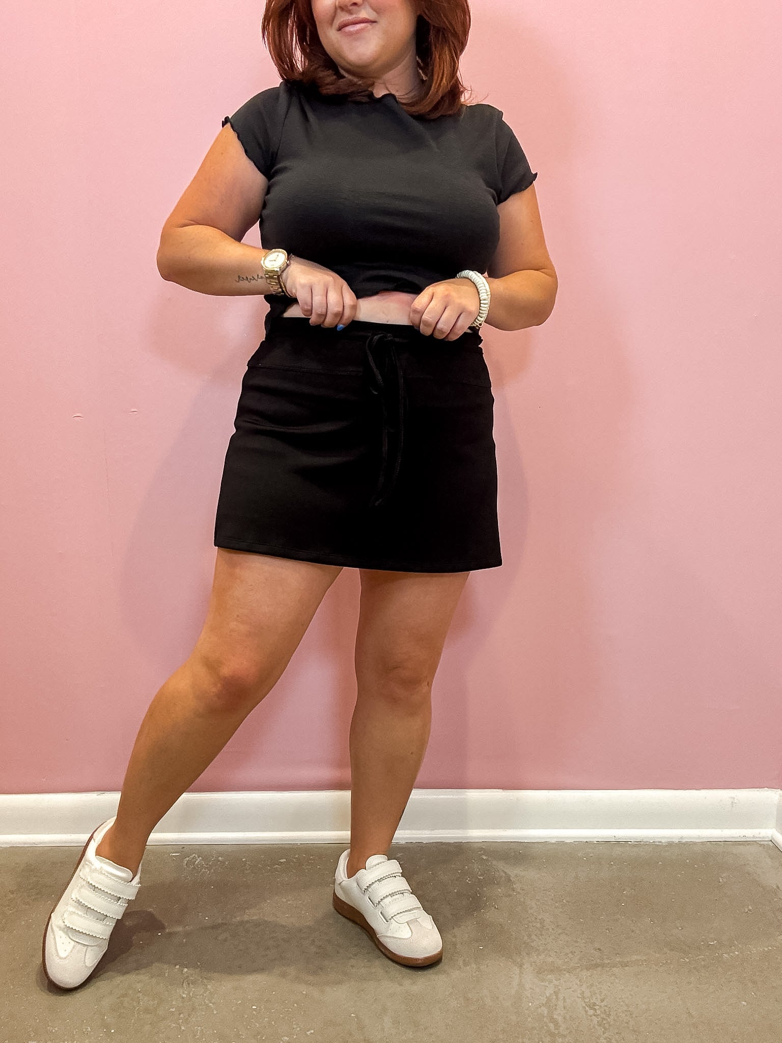String Tie Front Skort | Black