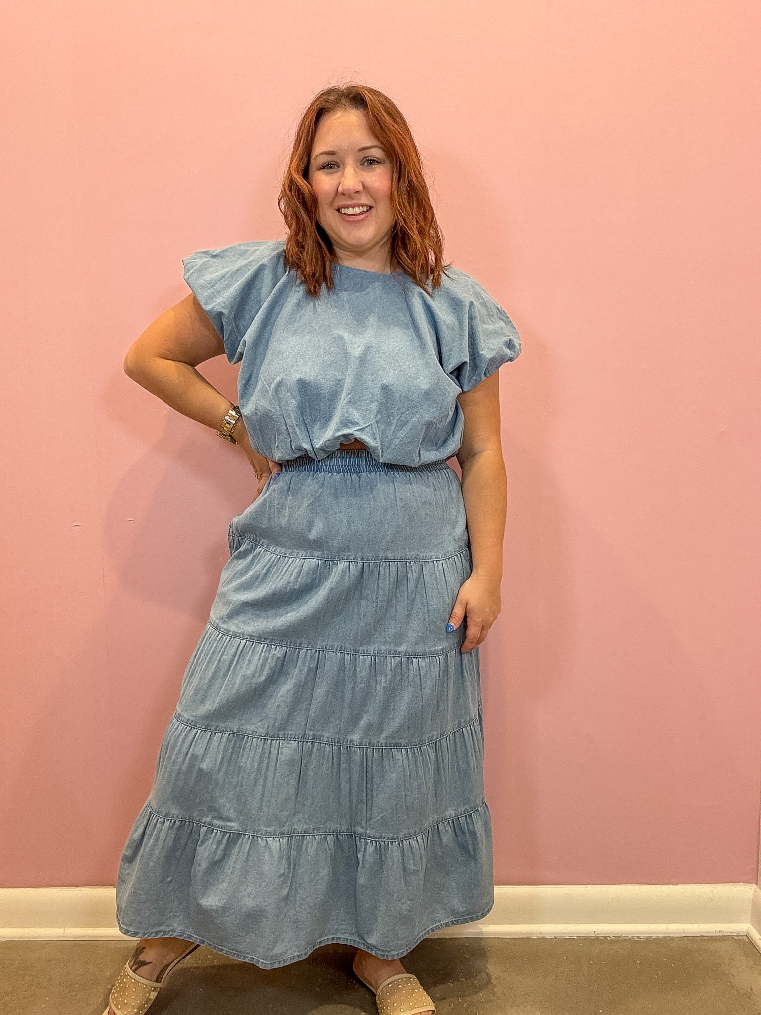 Tiered Denim Midi Skirt