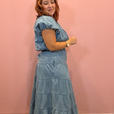 Tiered Denim Midi Skirt