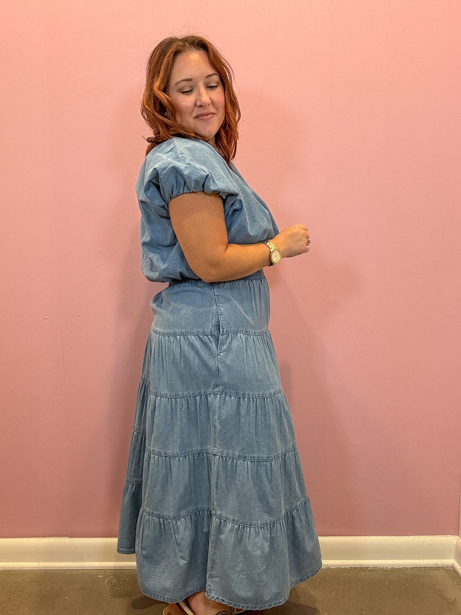 Tiered Denim Midi Skirt