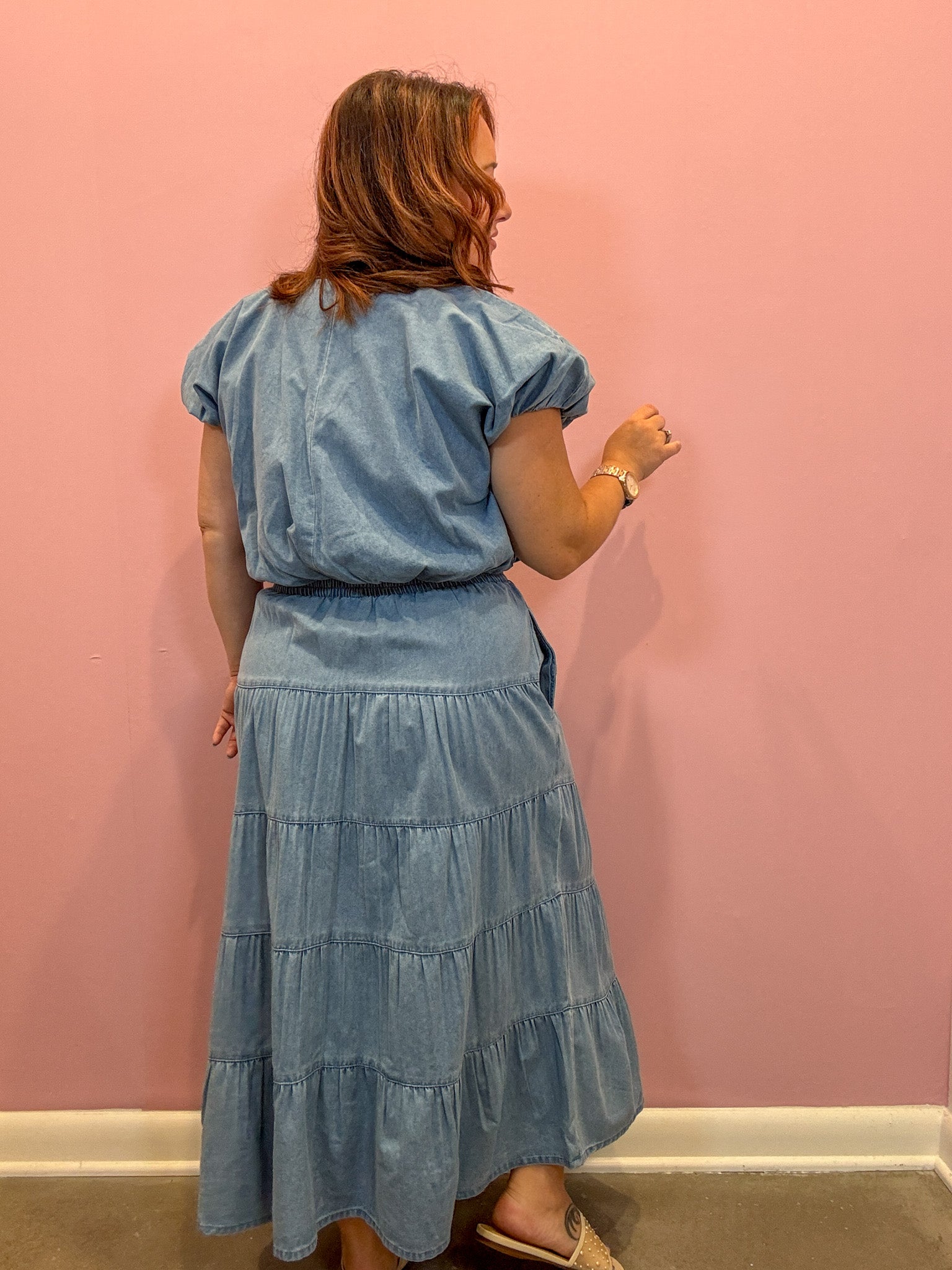 Tiered Denim Midi Skirt