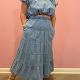 Tiered Denim Midi Skirt