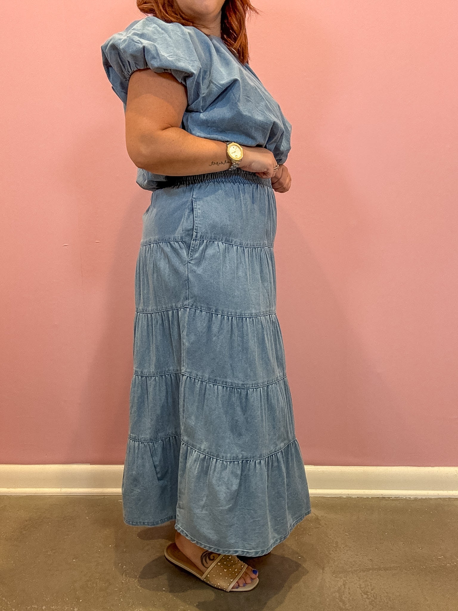 Tiered Denim Midi Skirt