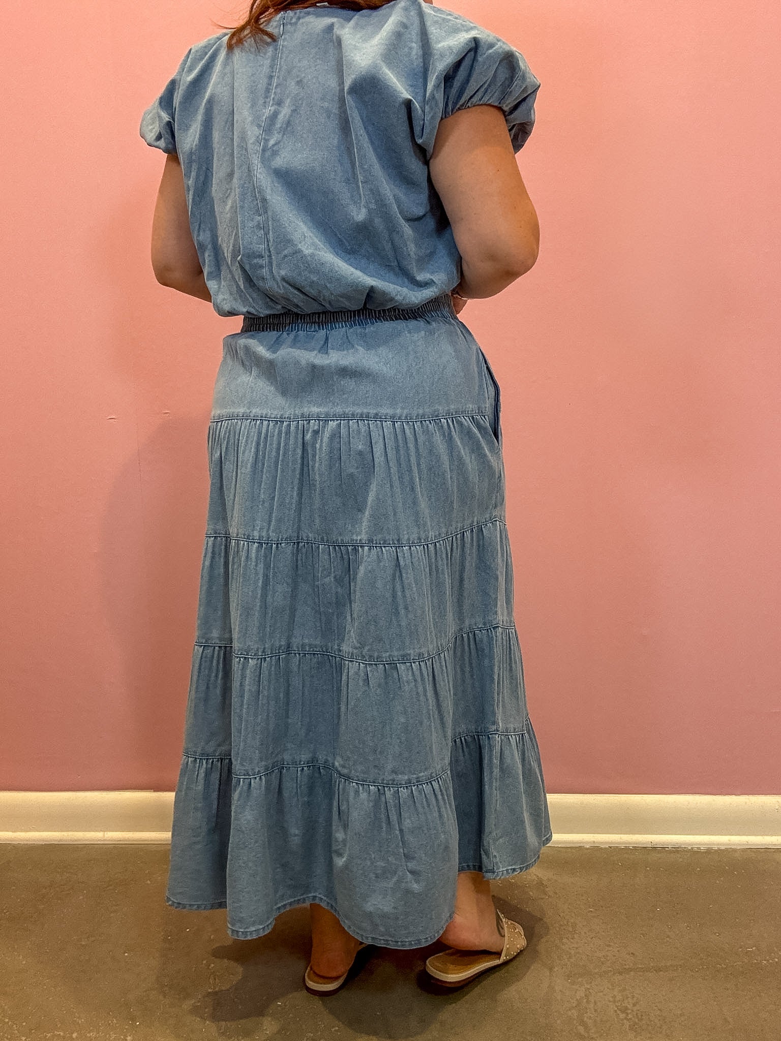 Tiered Denim Midi Skirt
