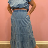 Tiered Denim Midi Skirt