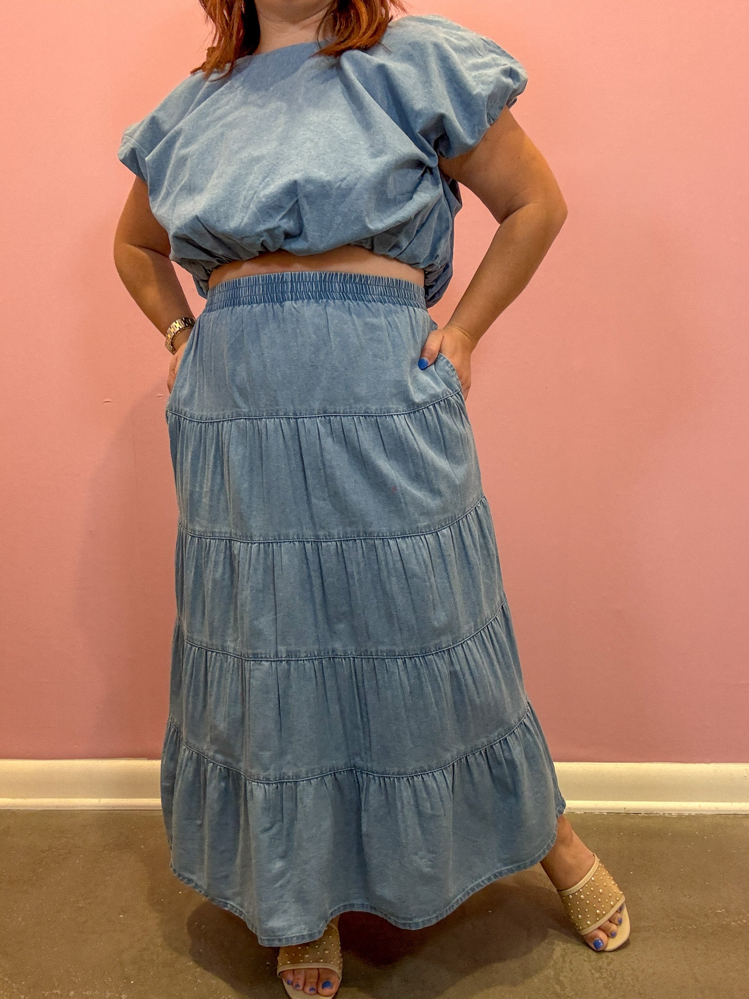 Tiered Denim Midi Skirt