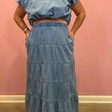 Tiered Denim Midi Skirt