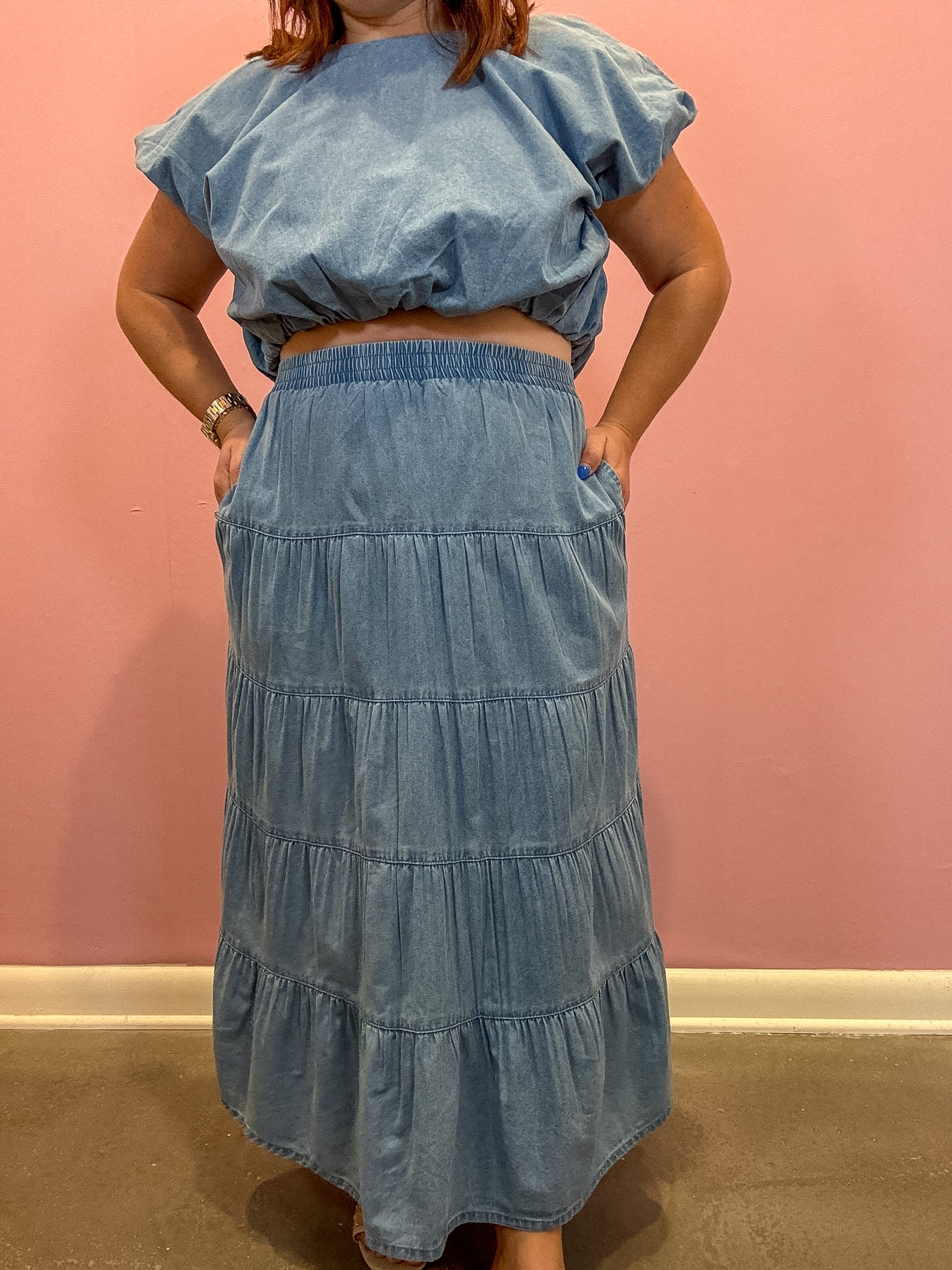 Tiered Denim Midi Skirt