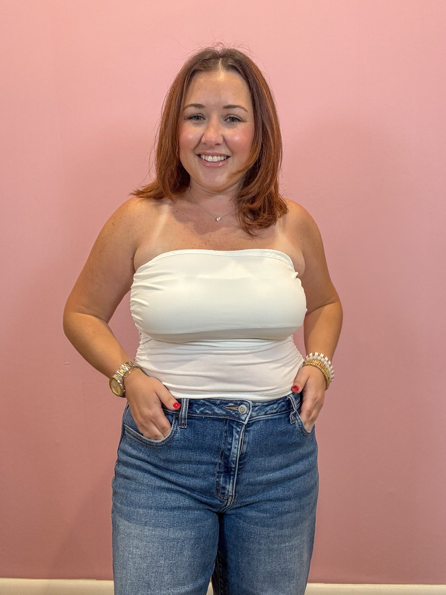 White Ruched Bandeau Top