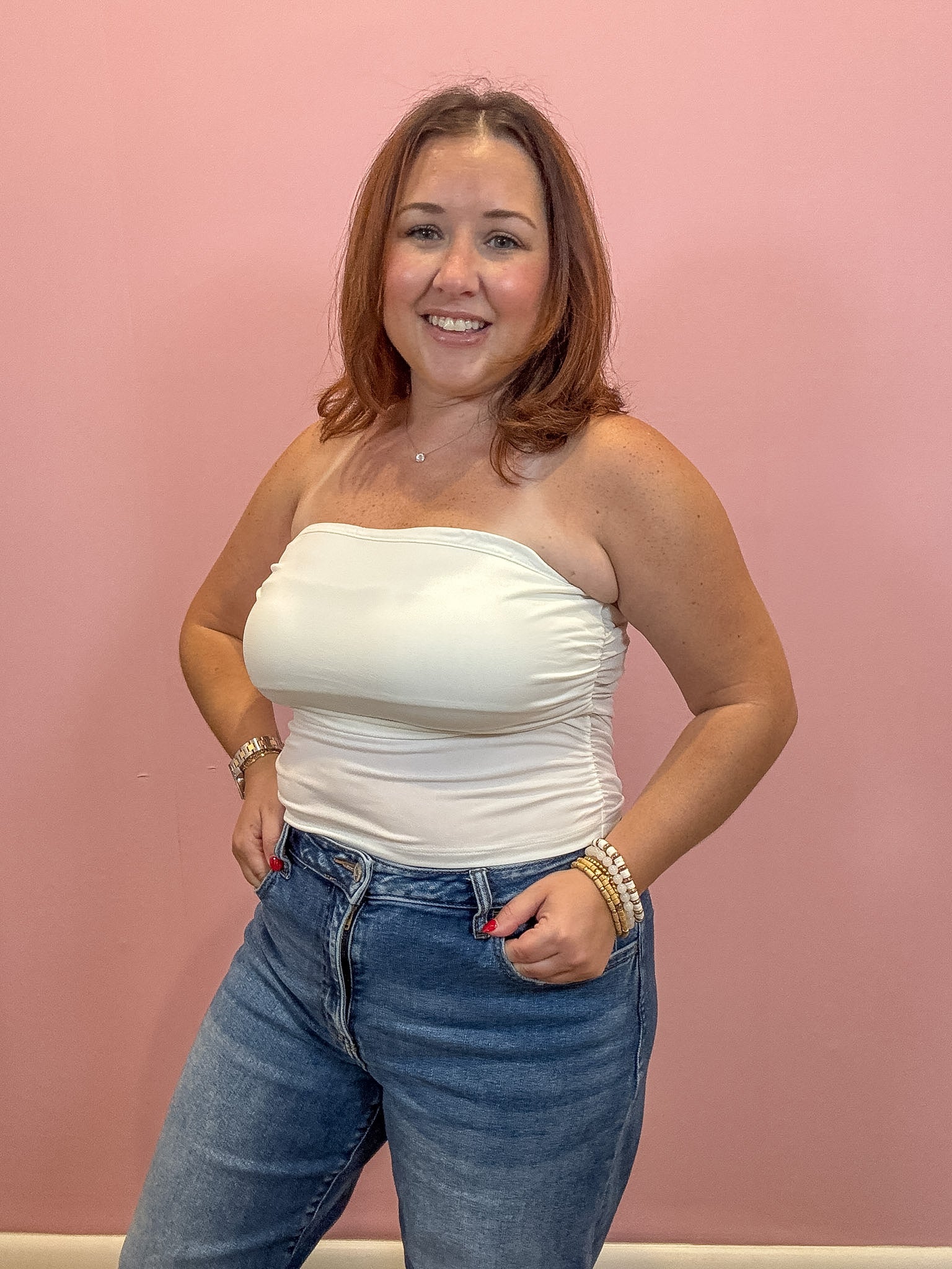 White Ruched Bandeau Top