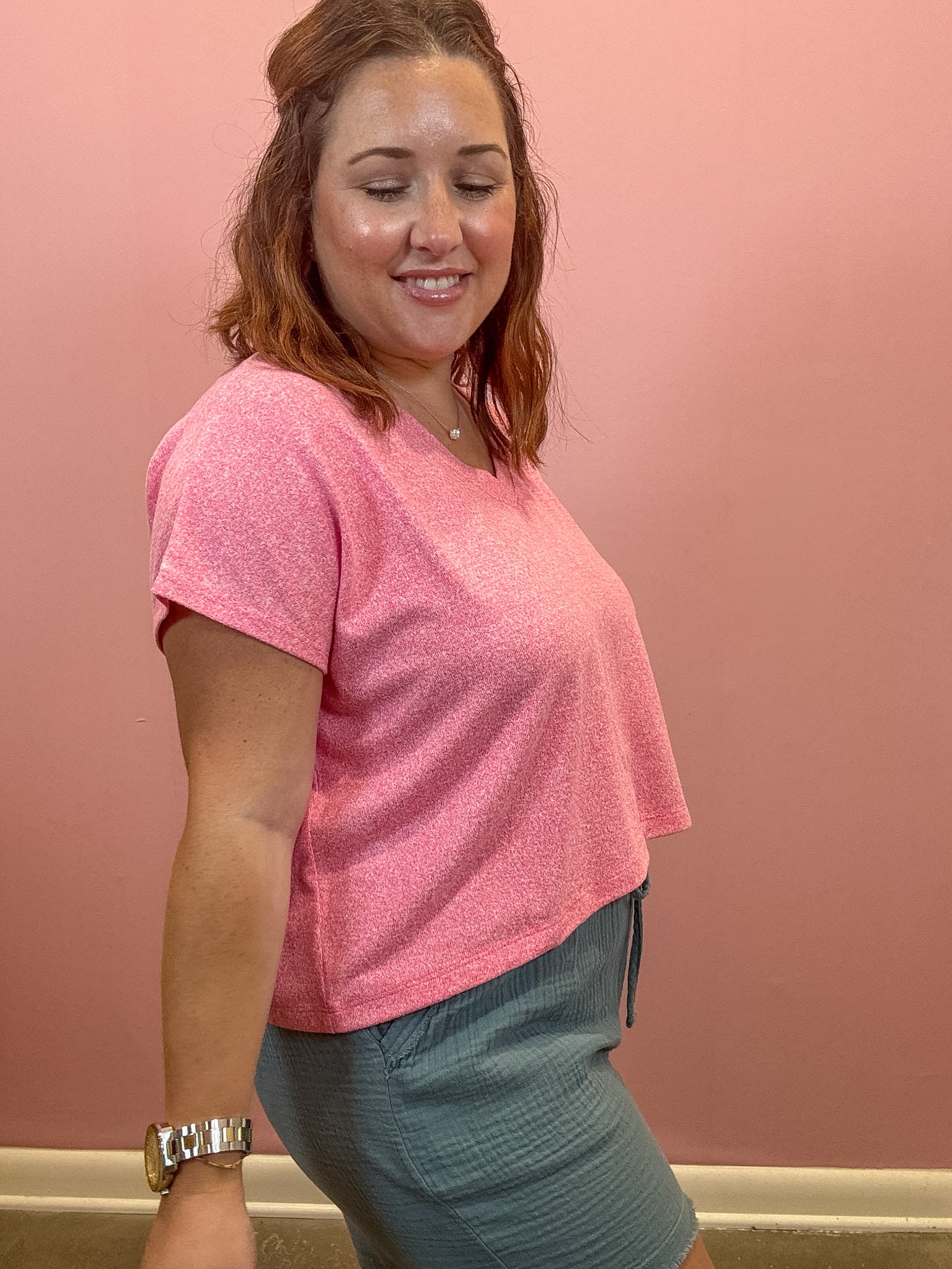 V-neck Drop Shoulder Top | Fuchsia