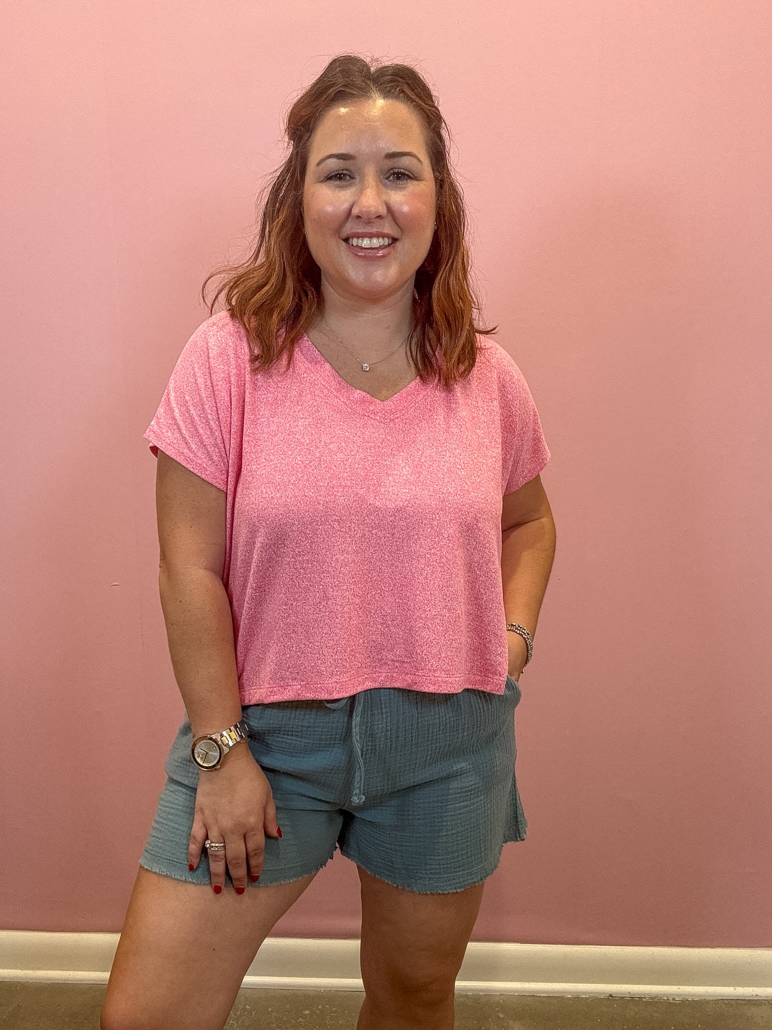V-neck Drop Shoulder Top | Fuchsia