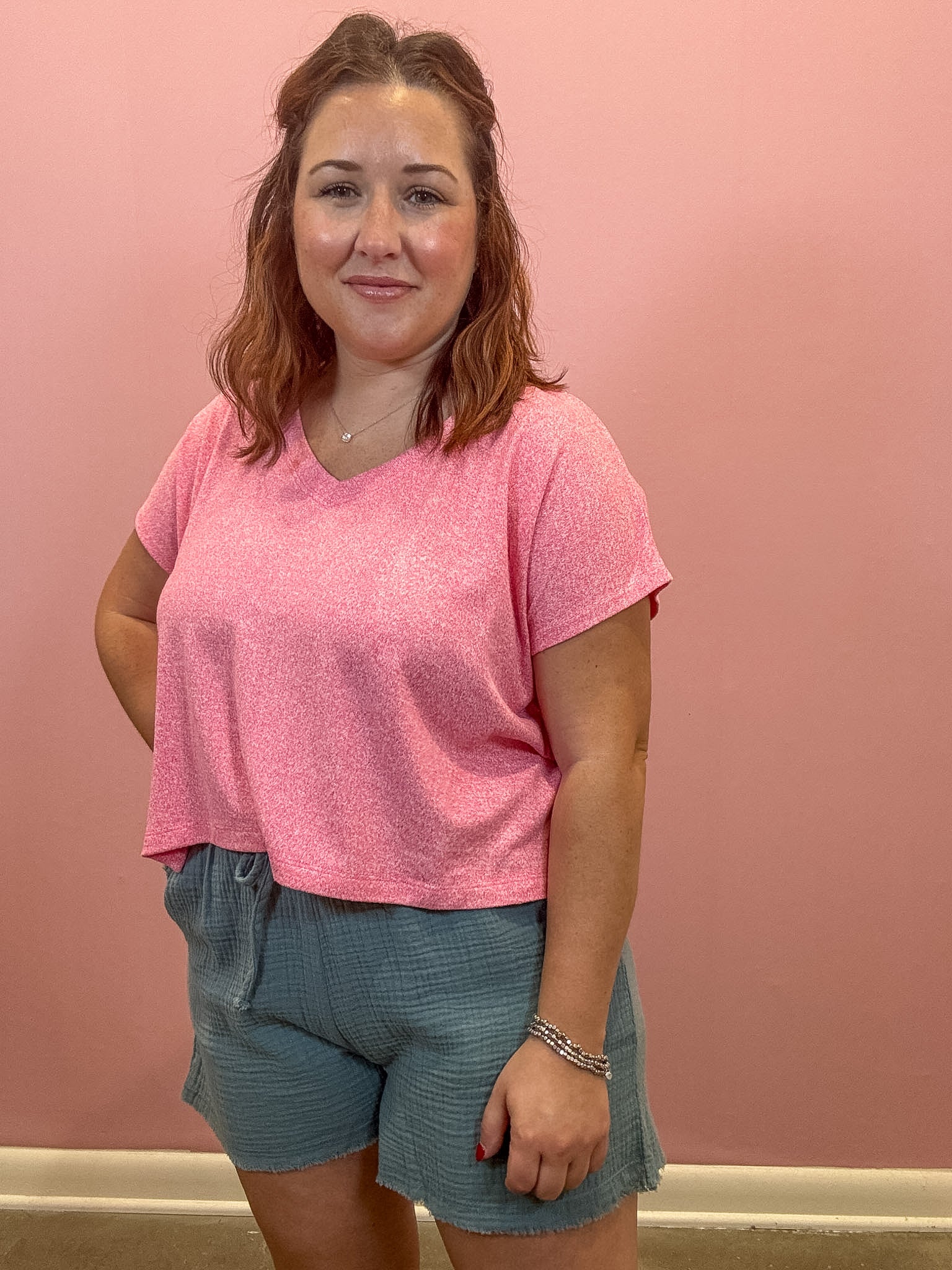 V-neck Drop Shoulder Top | Fuchsia