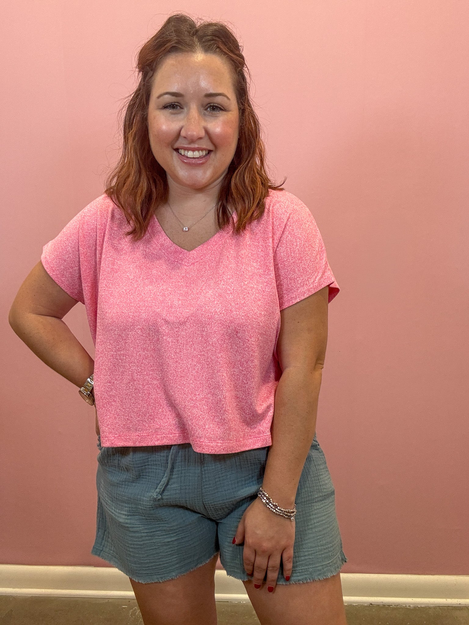 V-neck Drop Shoulder Top | Fuchsia