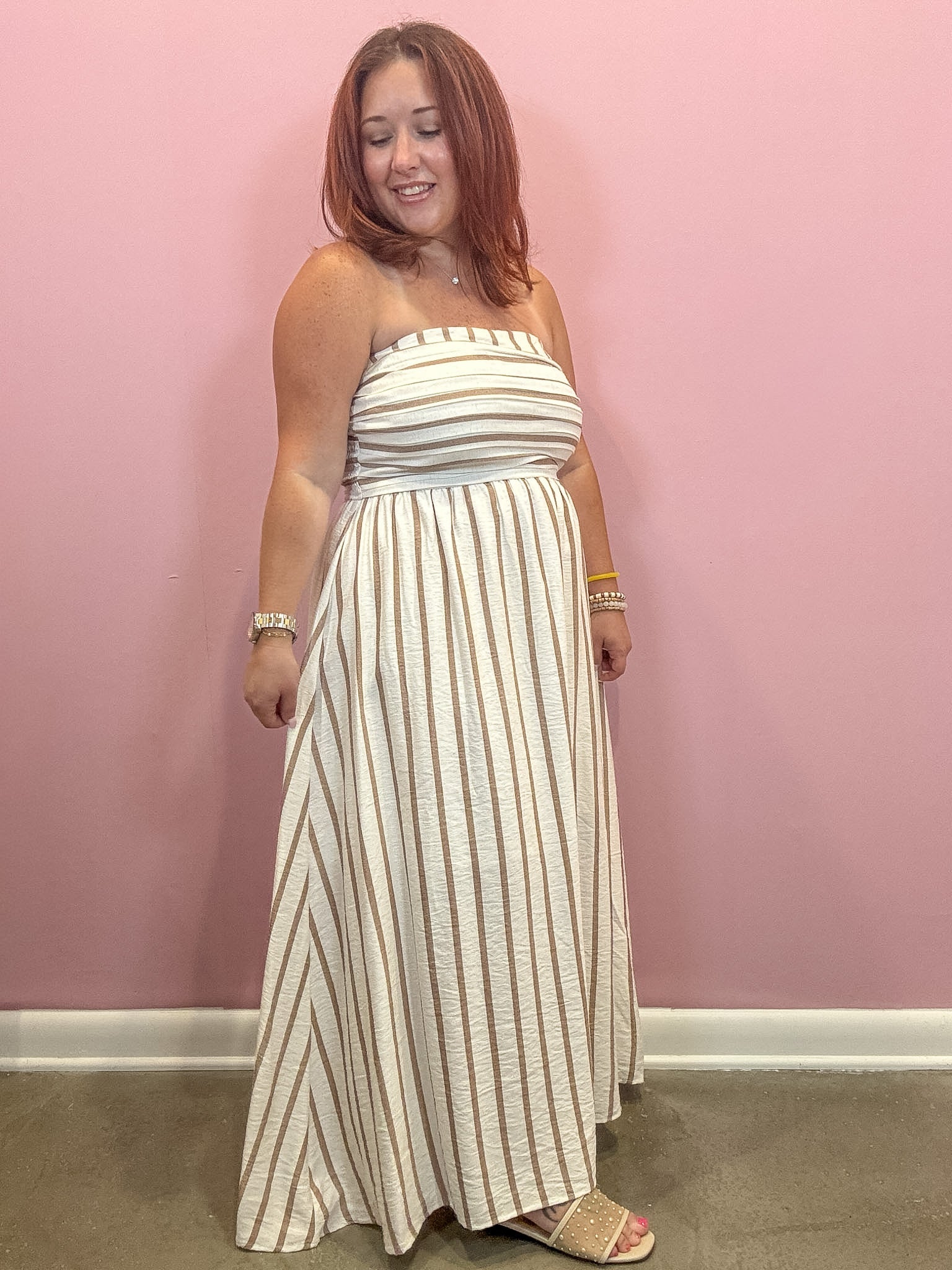 Neutral Striped Strapless Midi Dress
