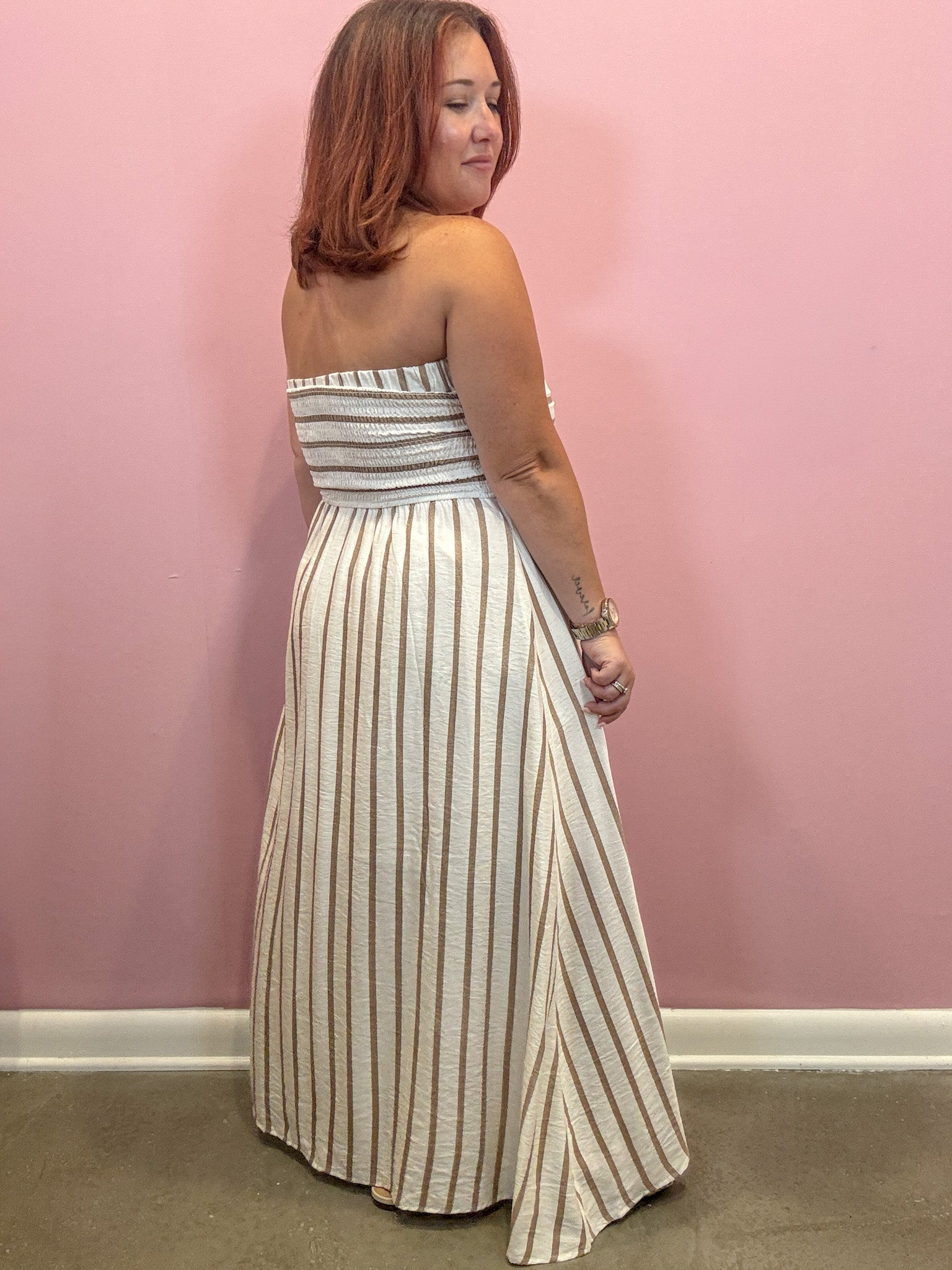 Neutral Striped Strapless Midi Dress