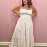 Pink and White Striped Tiered Midi Dress
