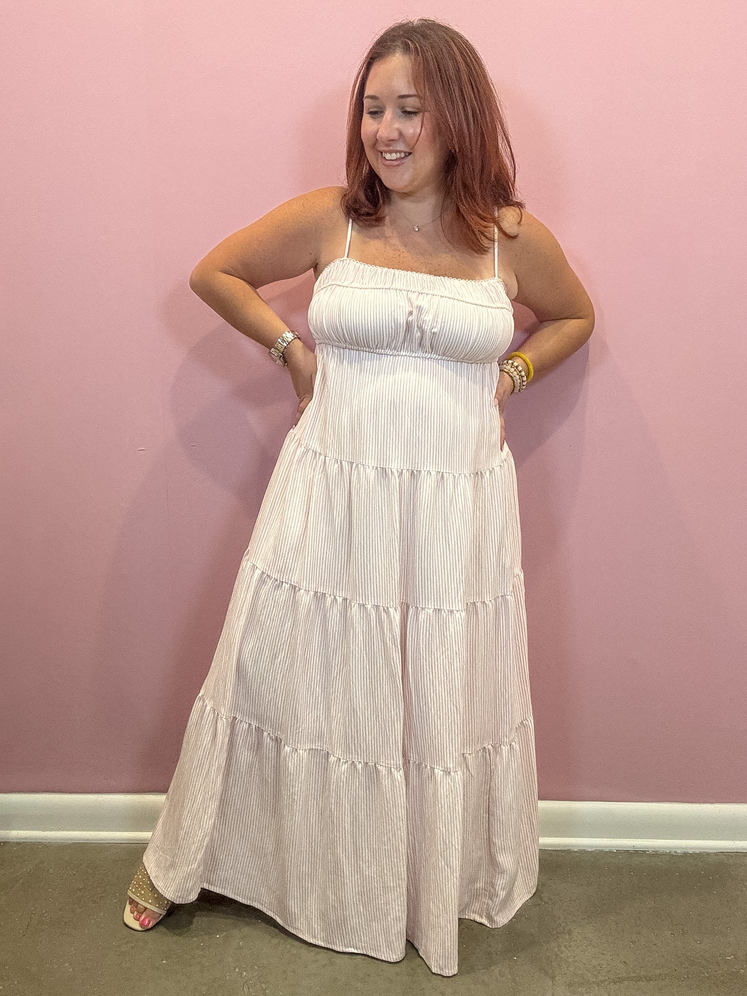 Pink and White Striped Tiered Midi Dress