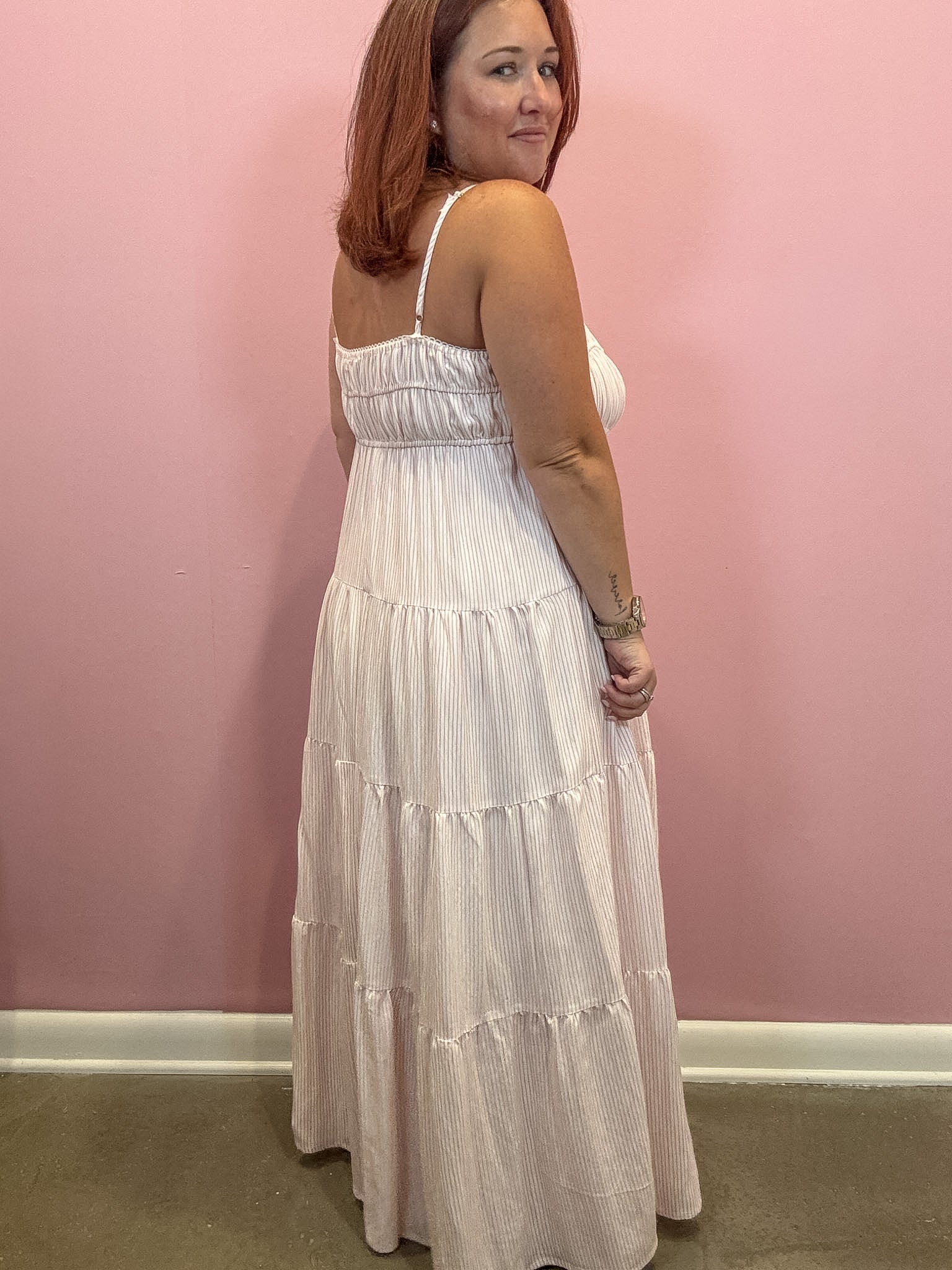 Pink and White Striped Tiered Midi Dress