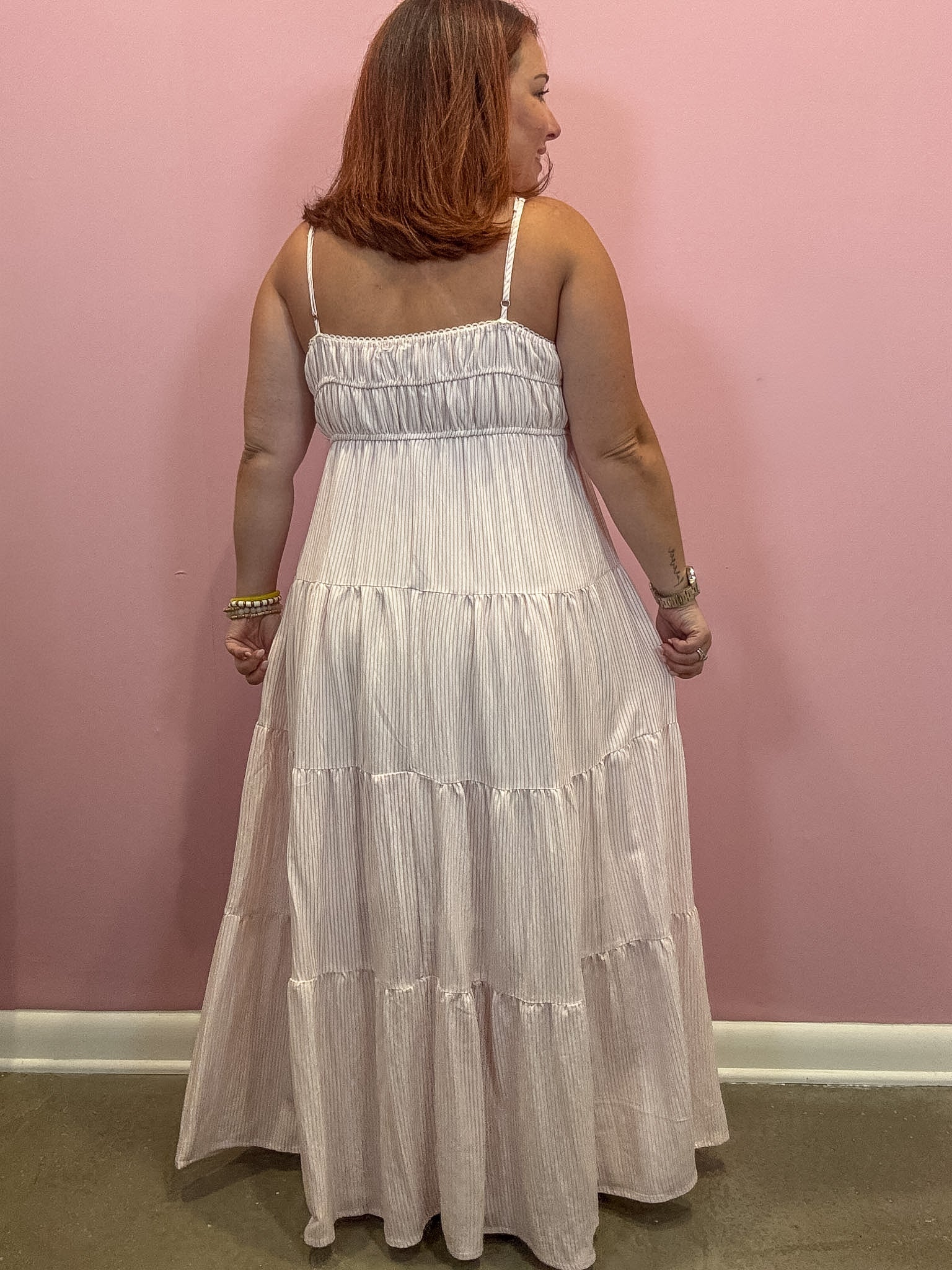 Pink and White Striped Tiered Midi Dress