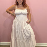 Pink and White Striped Tiered Midi Dress
