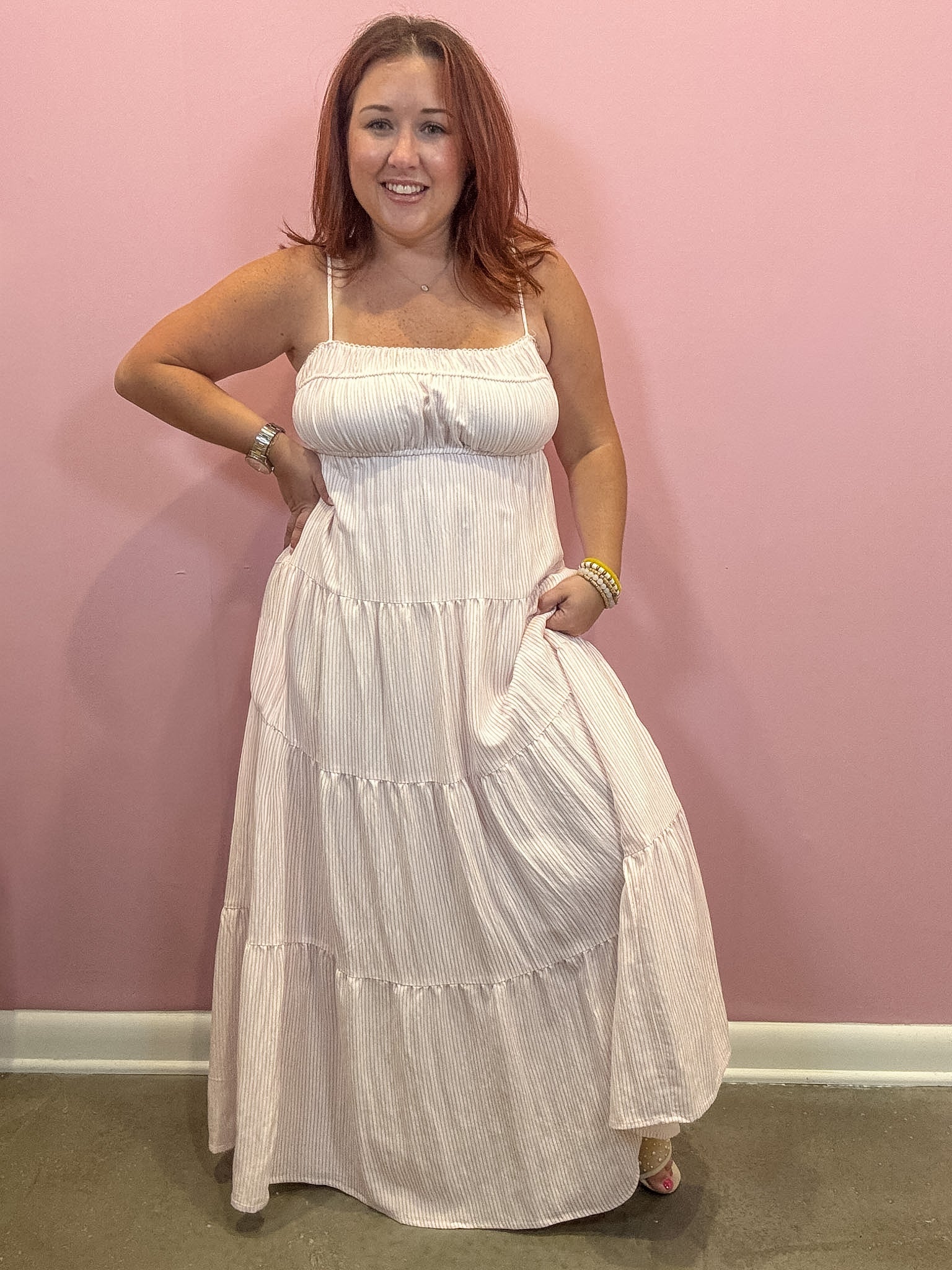 Pink and White Striped Tiered Midi Dress