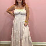 Pink and White Striped Tiered Midi Dress