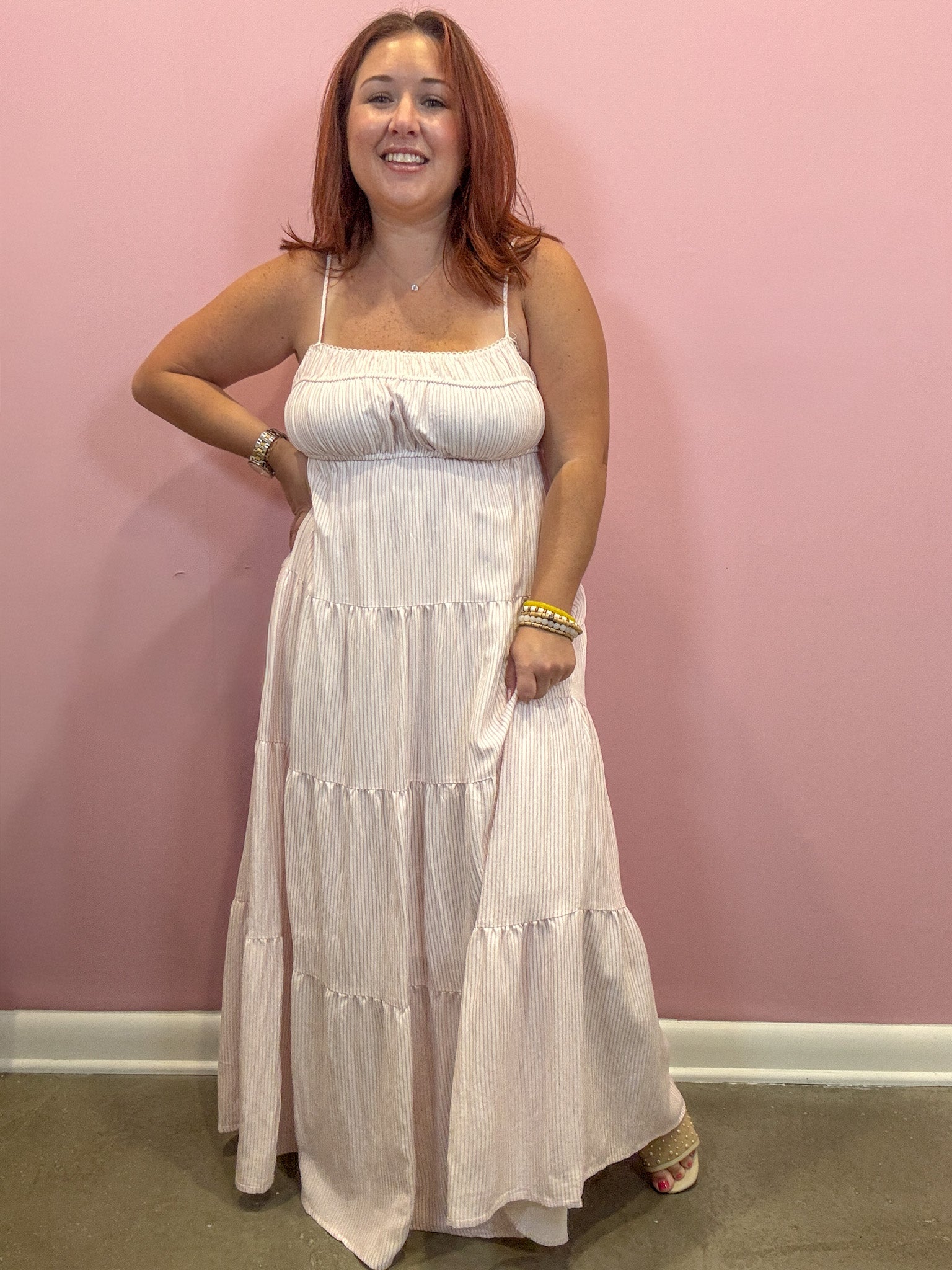 Pink and White Striped Tiered Midi Dress