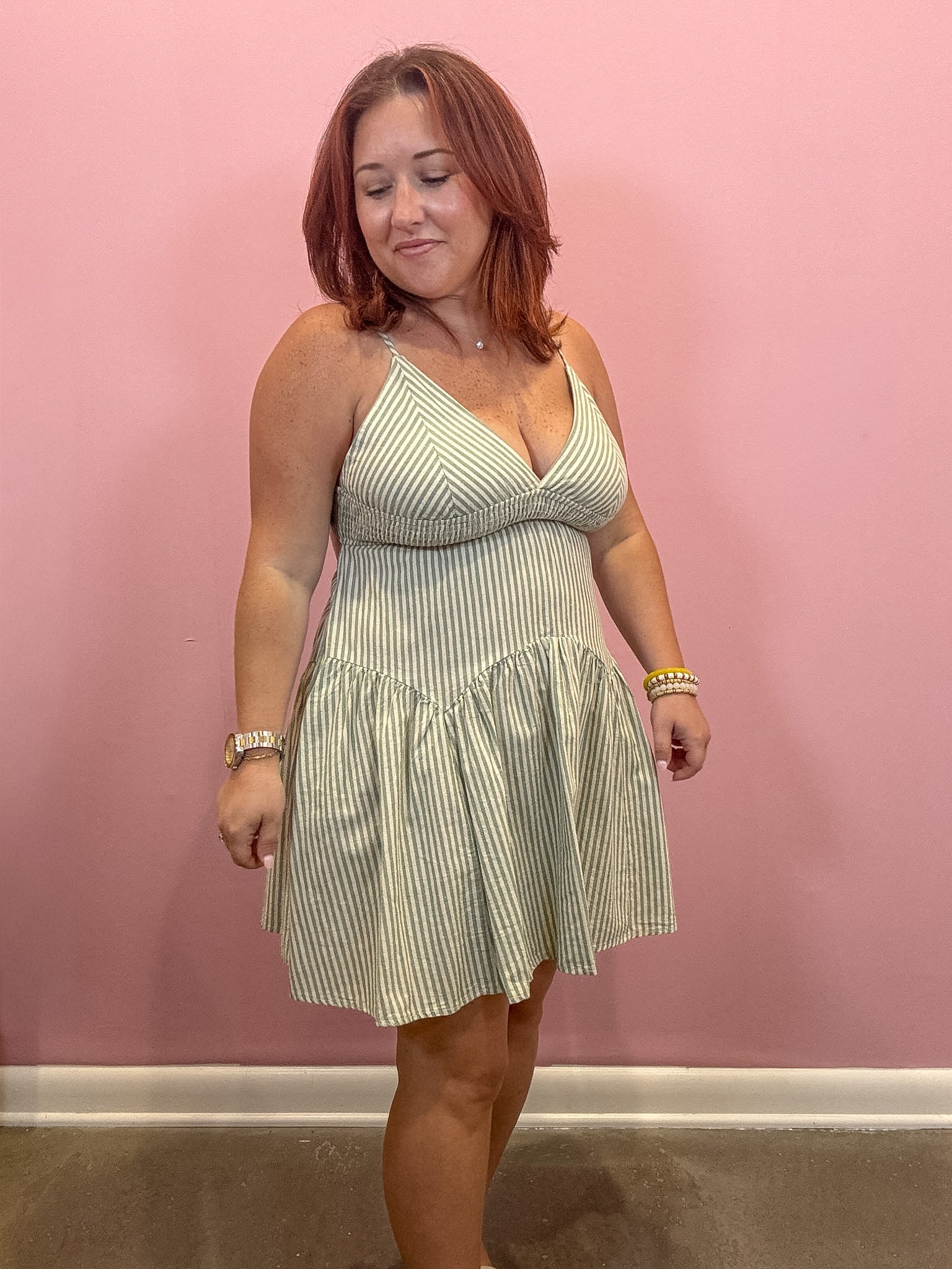Sage Green Striped Cut Out Mini Dress