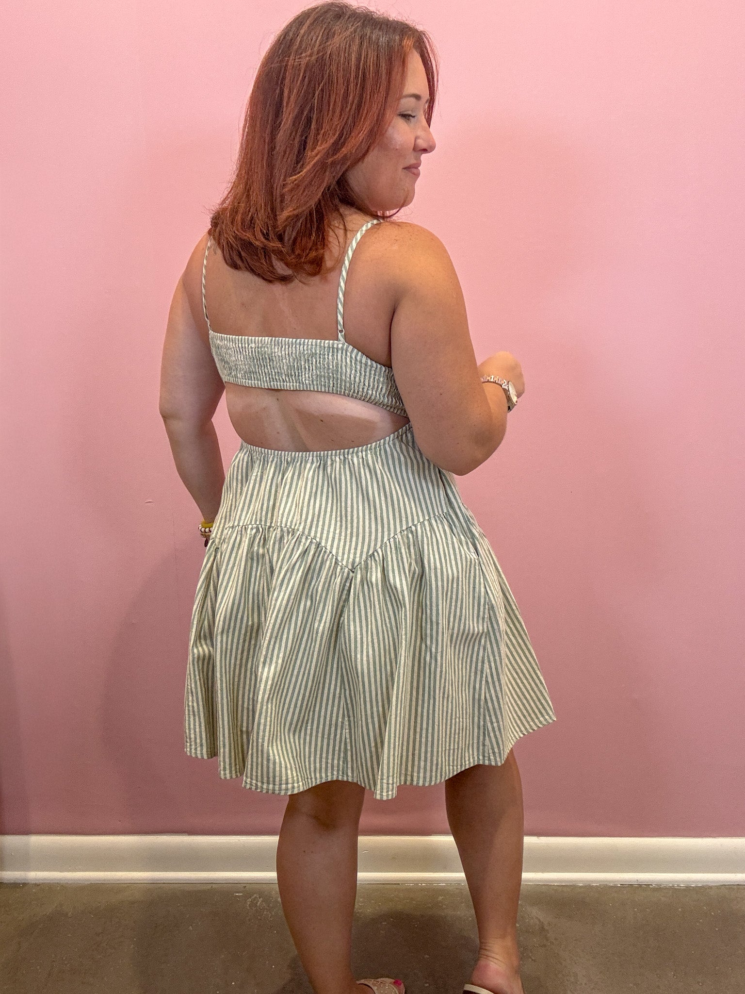 Sage Green Striped Cut Out Mini Dress