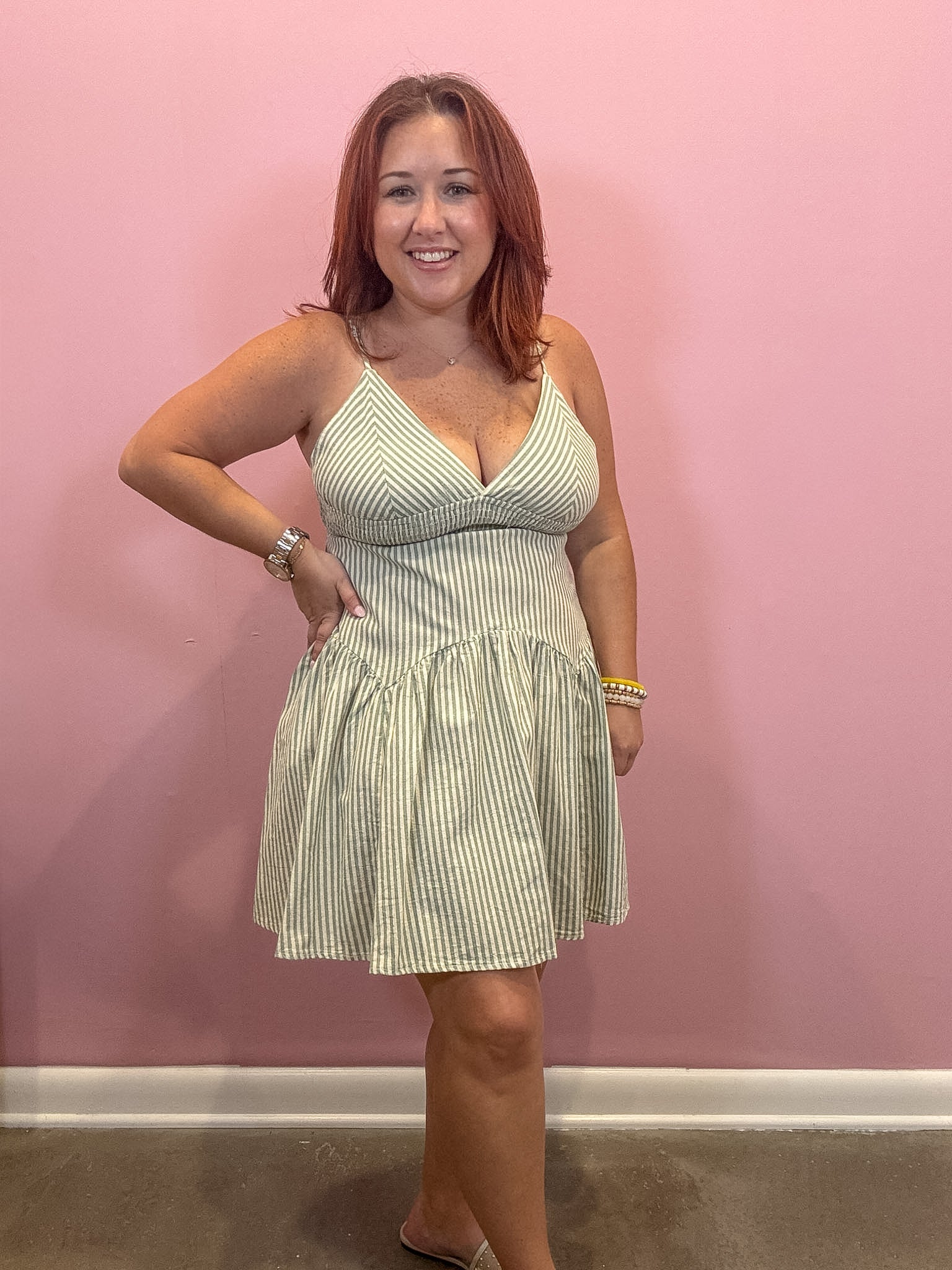 Sage Green Striped Cut Out Mini Dress