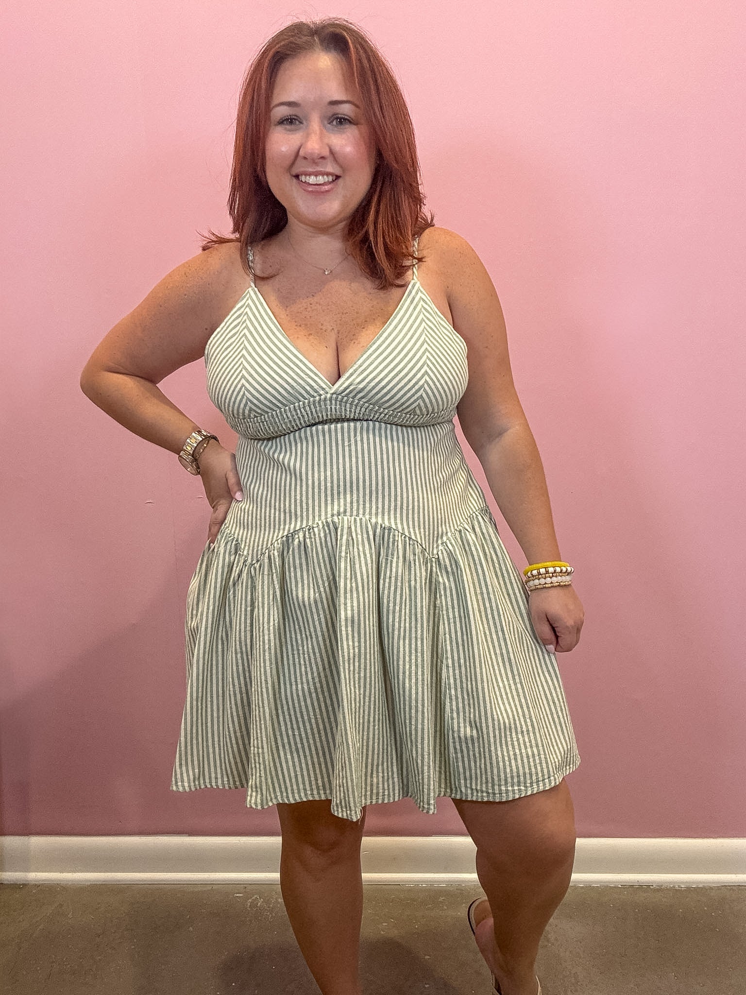 Sage Green Striped Cut Out Mini Dress