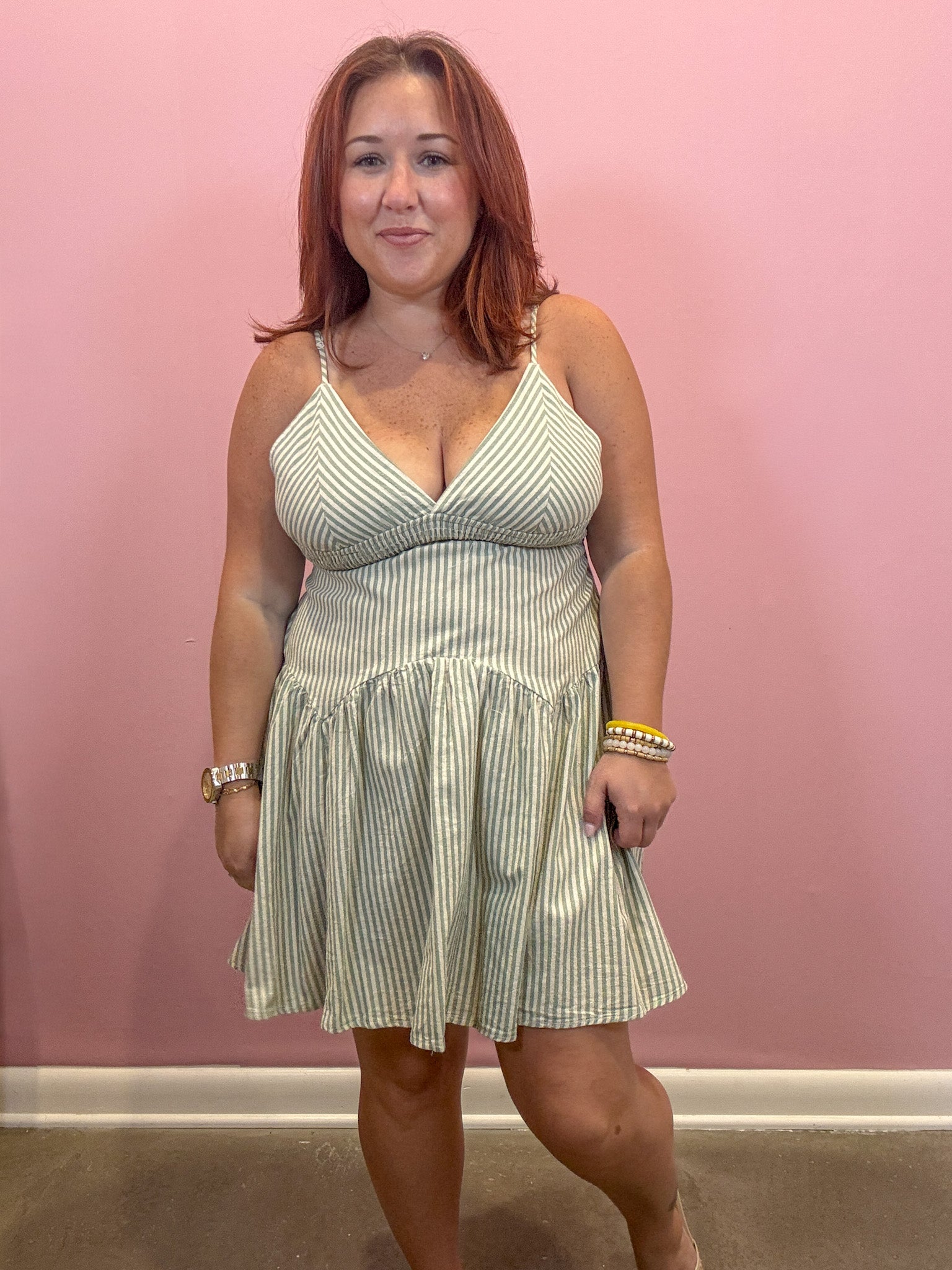 Sage Green Striped Cut Out Mini Dress