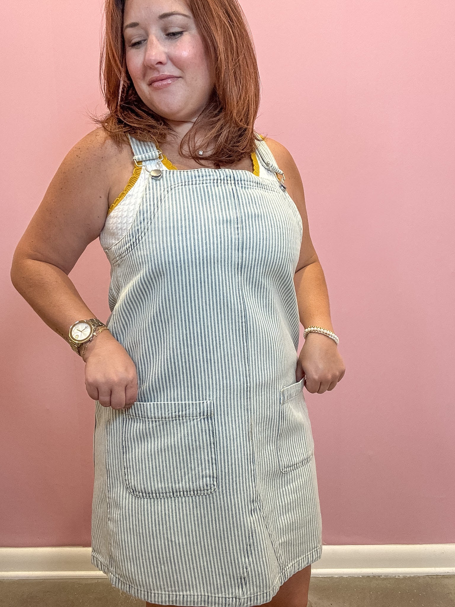 Cate Stripe Denim Overall Mini Dress