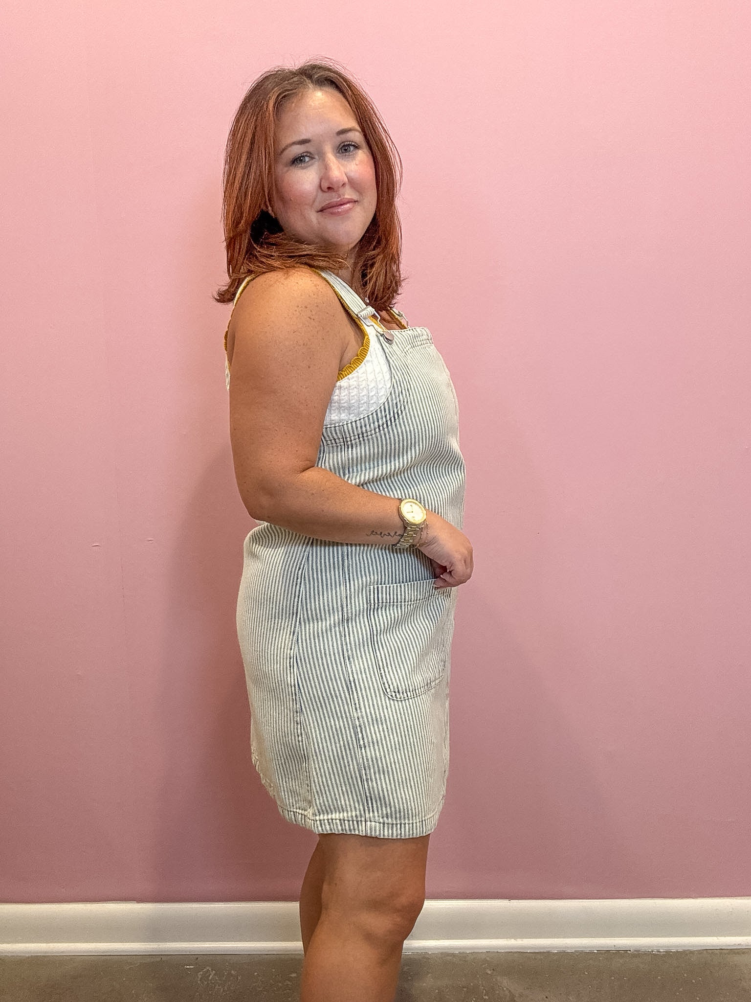 Cate Stripe Denim Overall Mini Dress