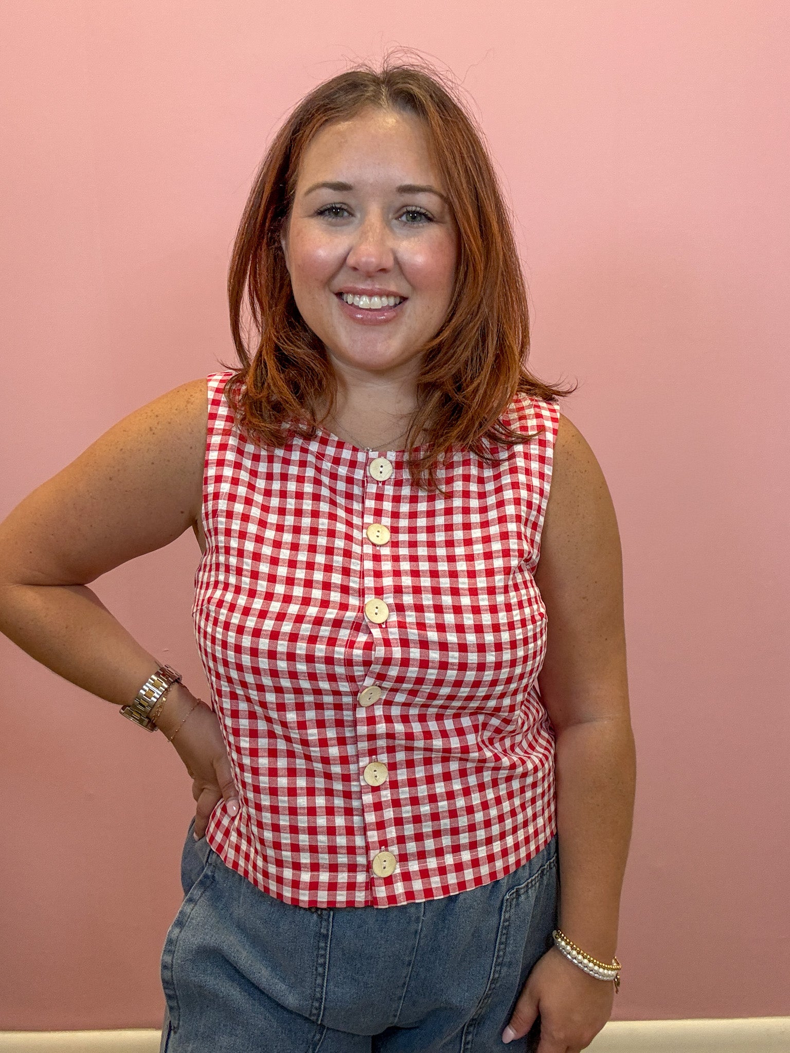 Plaid Button Down Sleeveless Top