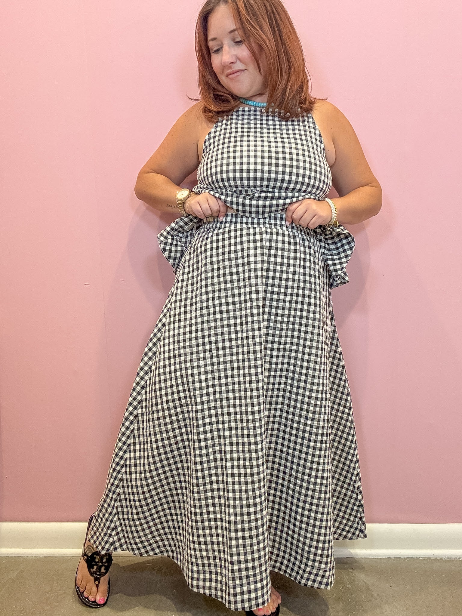 Khloe Gingham Elastic Waist Midi Skirt