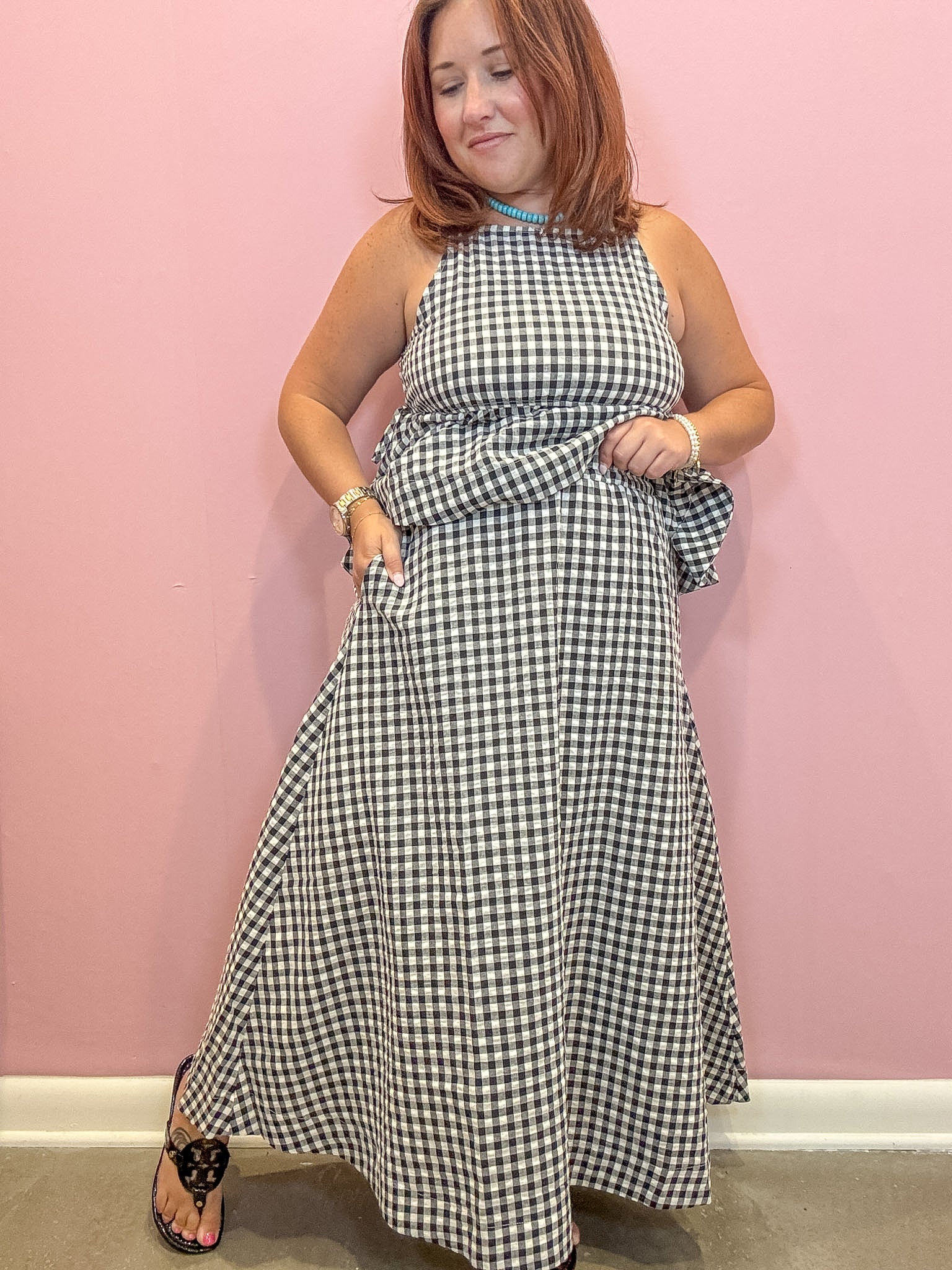 Khloe Gingham Elastic Waist Midi Skirt