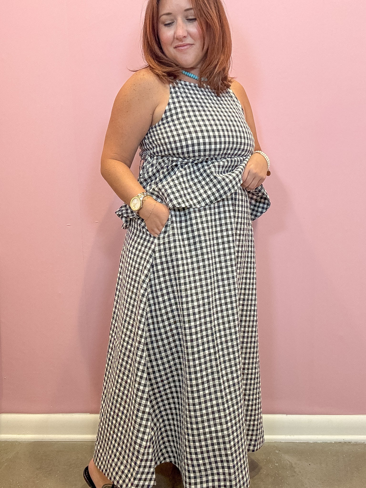 Khloe Gingham Elastic Waist Midi Skirt