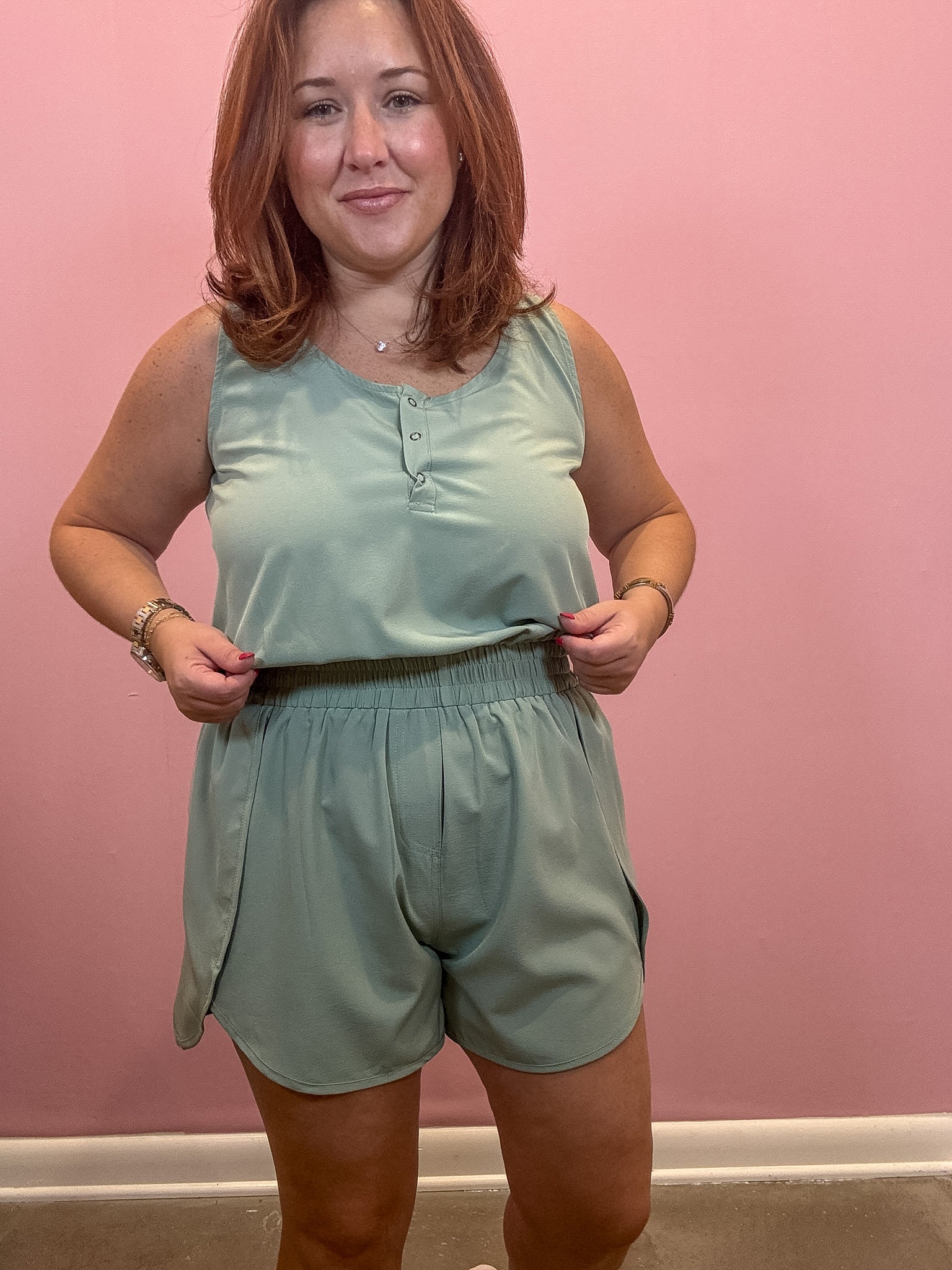 Button Down Activewear Romper | Sage Green