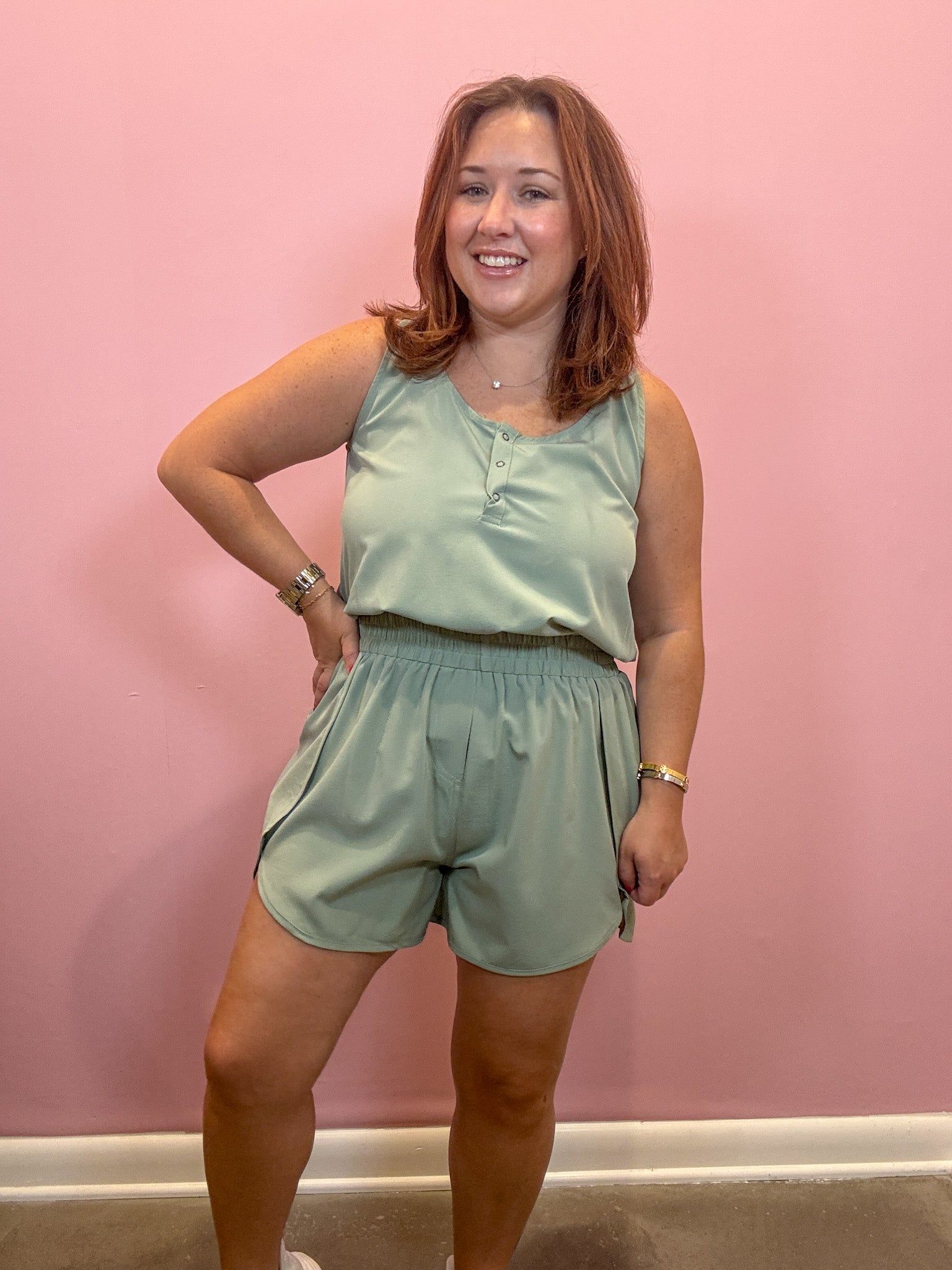 Button Down Activewear Romper | Sage Green