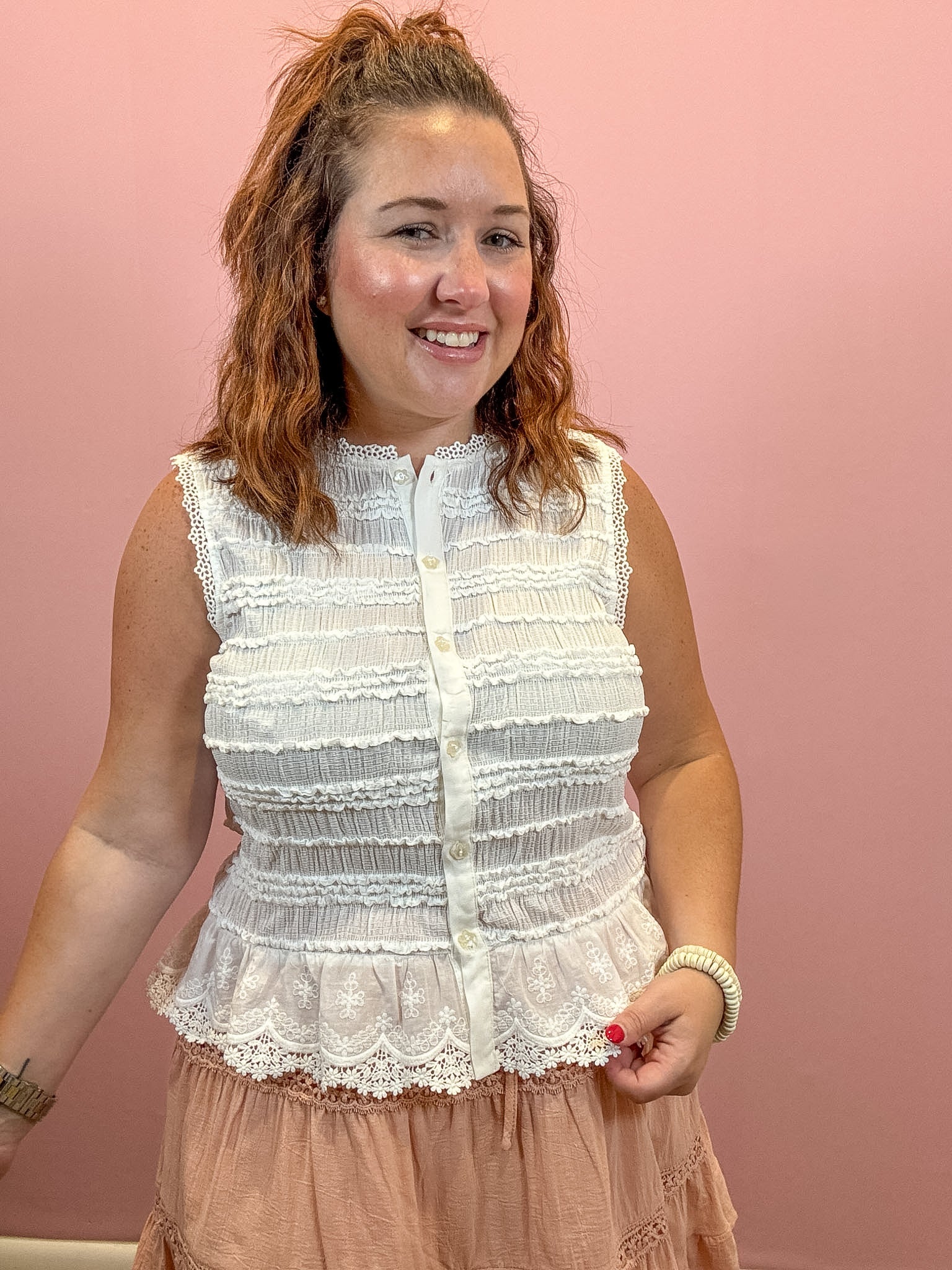 Ellis Lace Trim Button Down Top