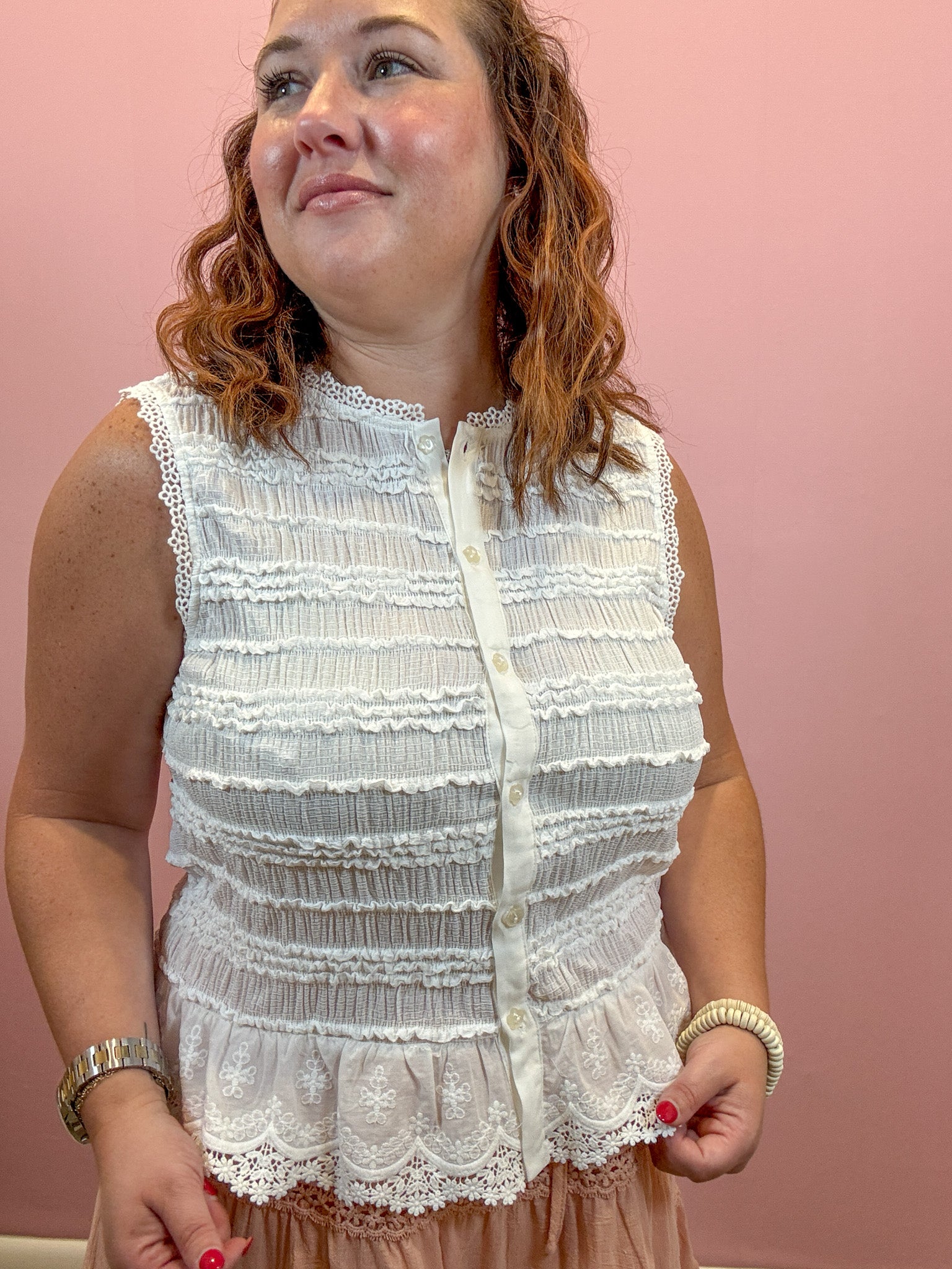 Ellis Lace Trim Button Down Top