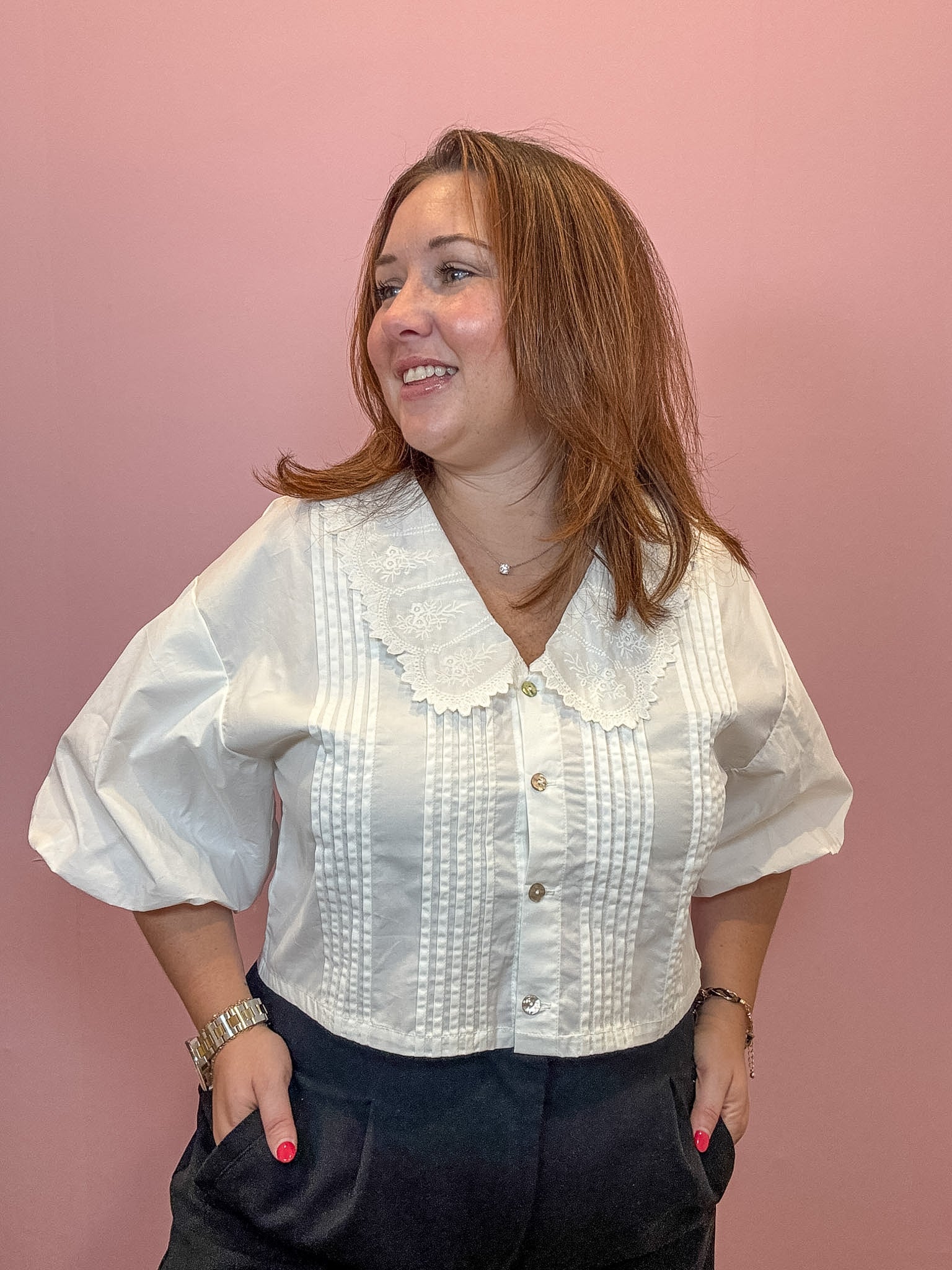 White Embroidered Lace Collar Blouse