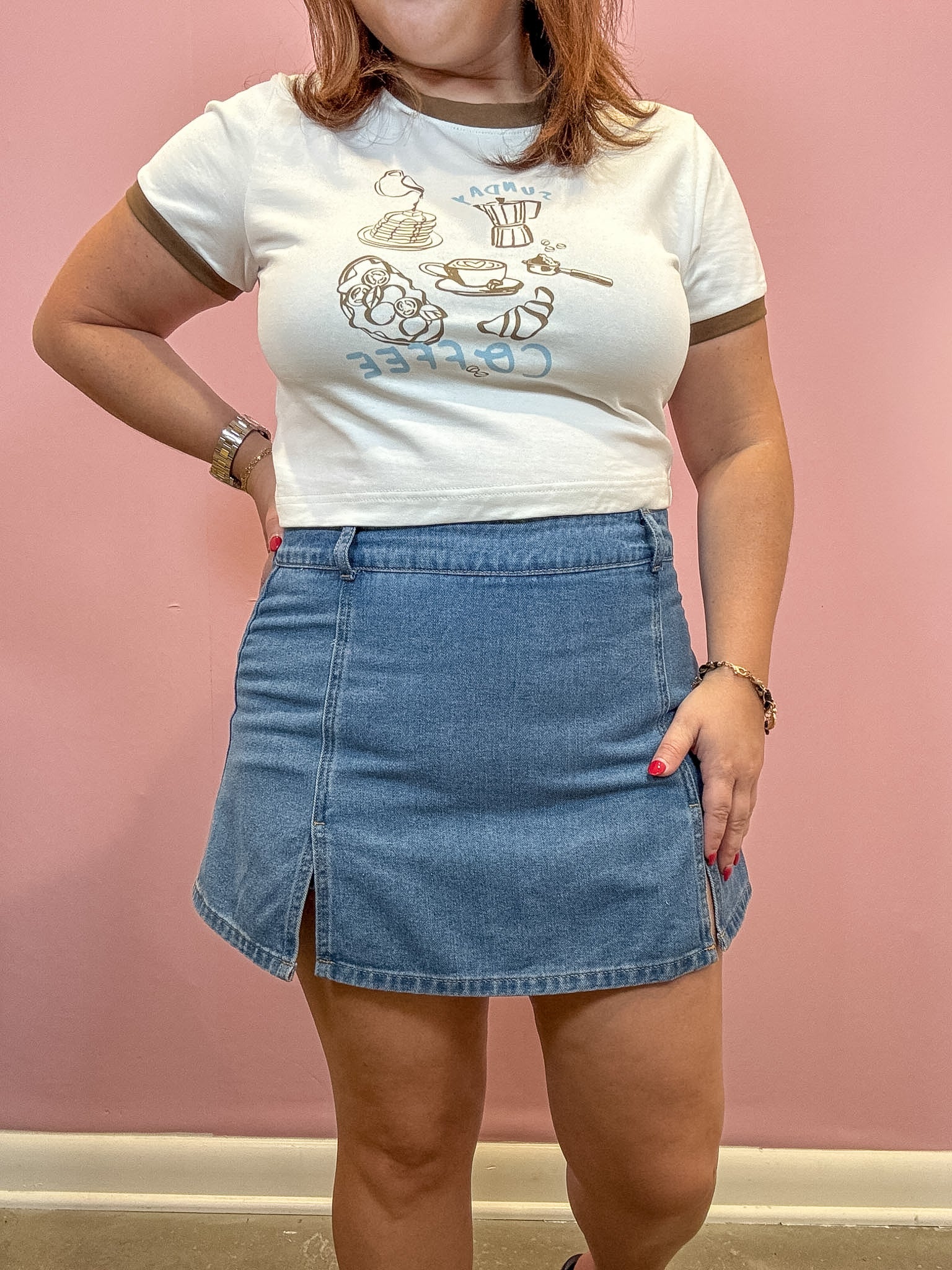 Denim Mini Skort With Front Slit | Medium Wash
