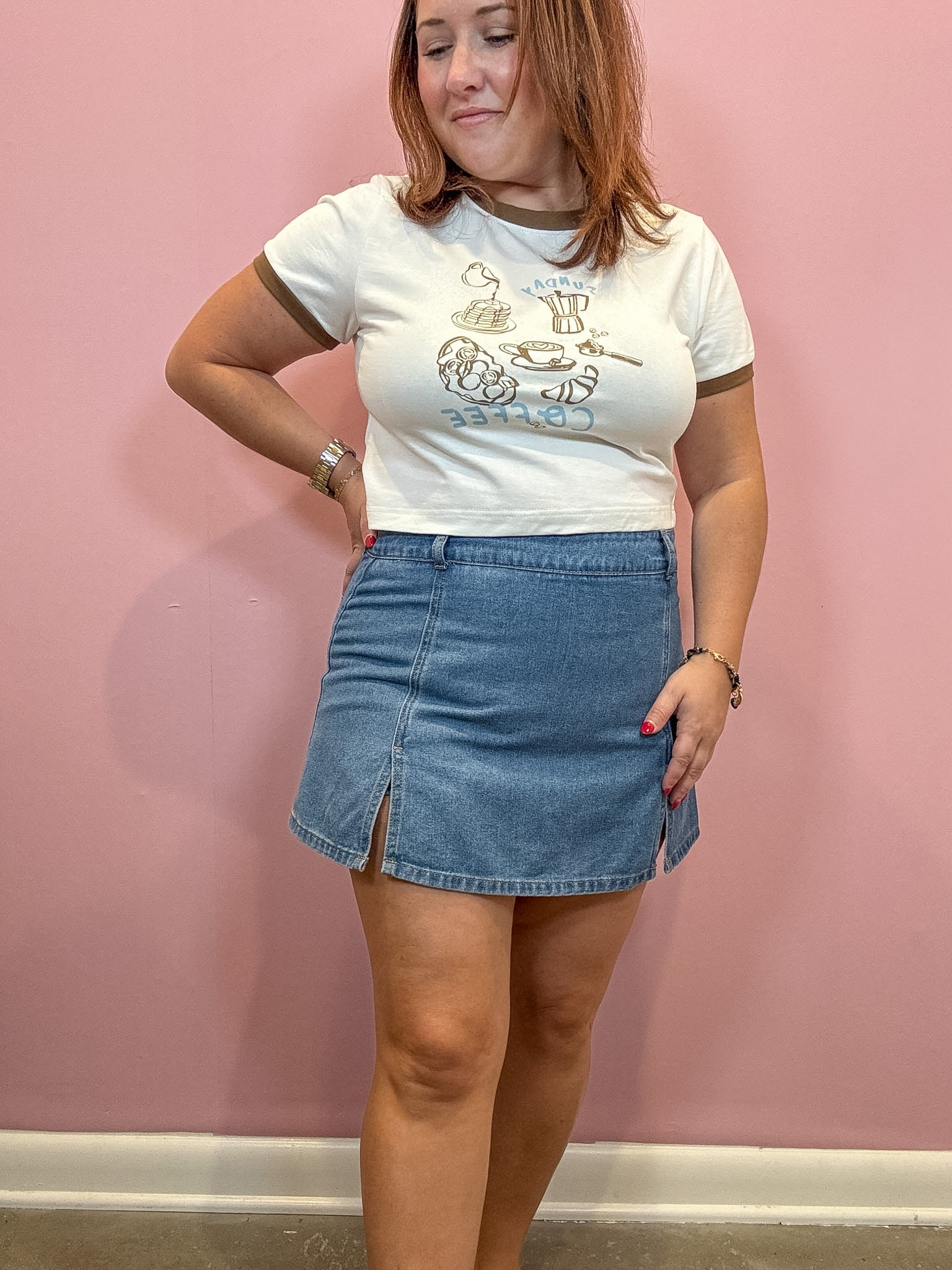 Denim Mini Skort With Front Slit | Medium Wash